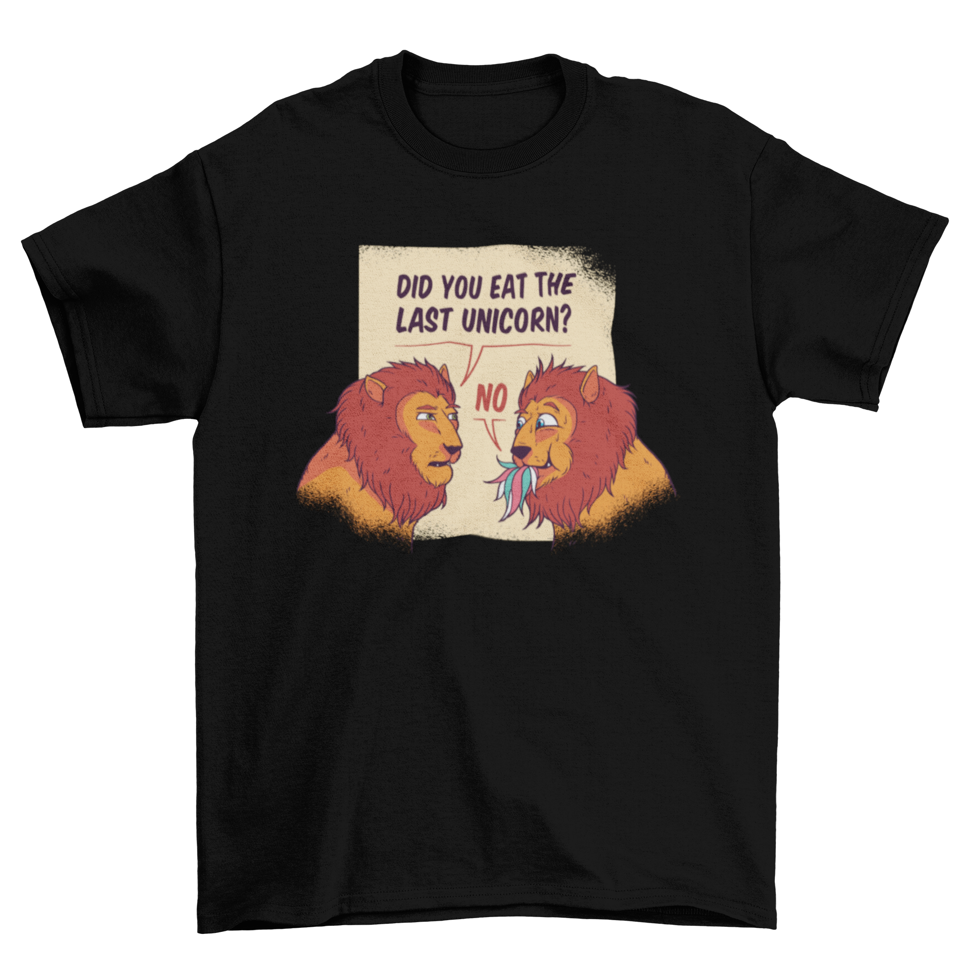 A humorous t-shirt design featuring hungry lions that have just eaten a unicorn, showcasing vibrant colors and playful artwork.