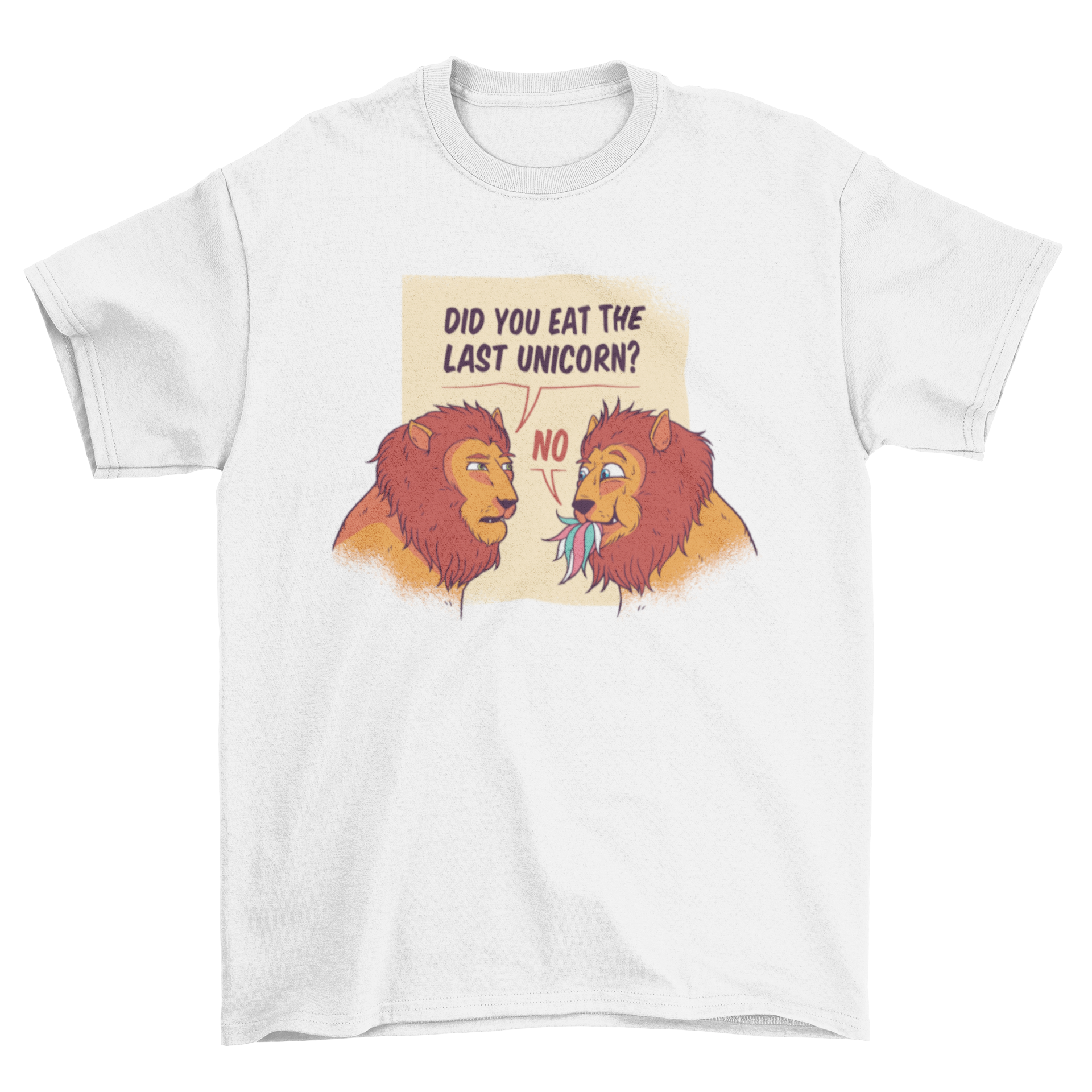 A humorous t-shirt design featuring hungry lions that have just eaten a unicorn, showcasing vibrant colors and playful artwork.