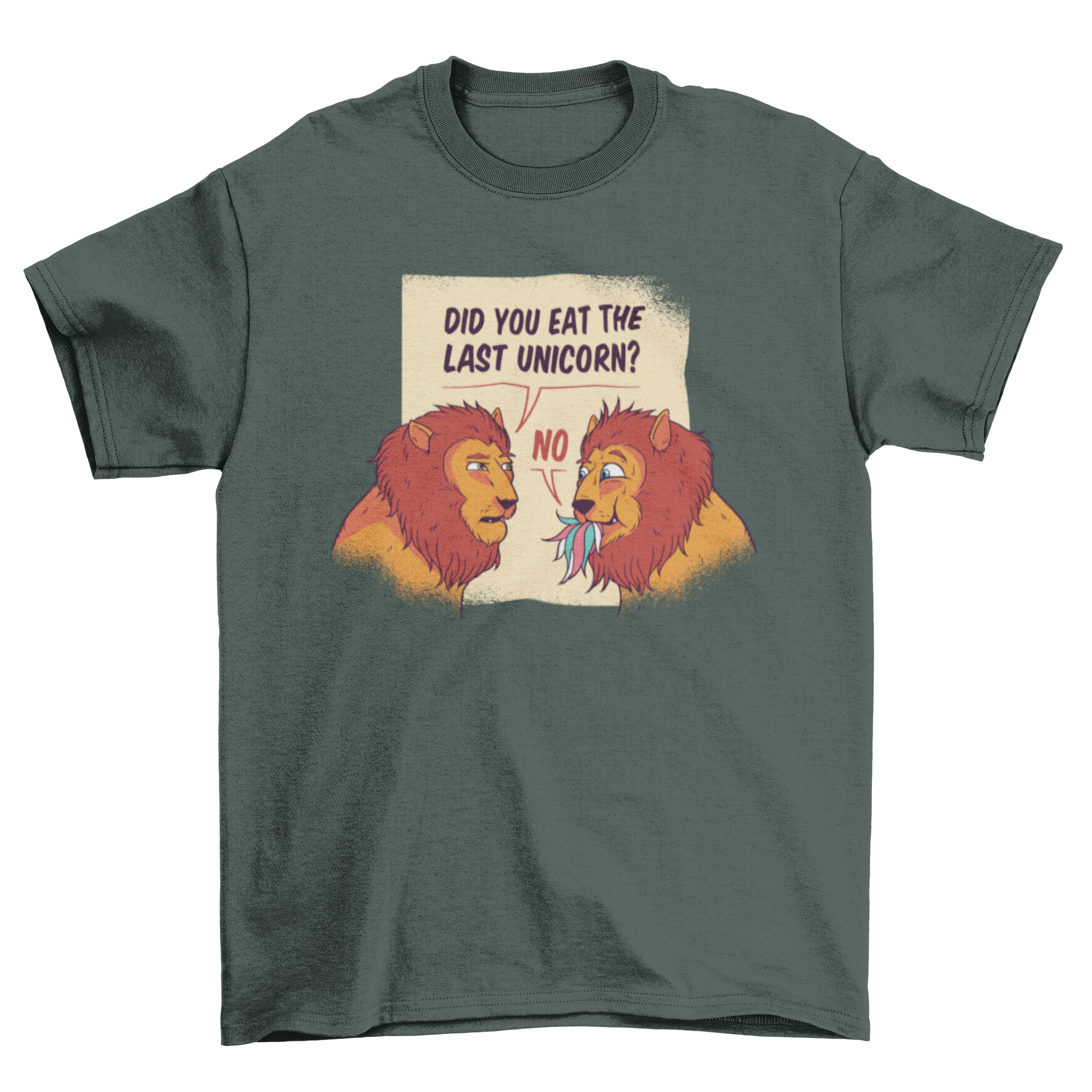 A humorous t-shirt design featuring hungry lions that have just eaten a unicorn, showcasing vibrant colors and playful artwork.