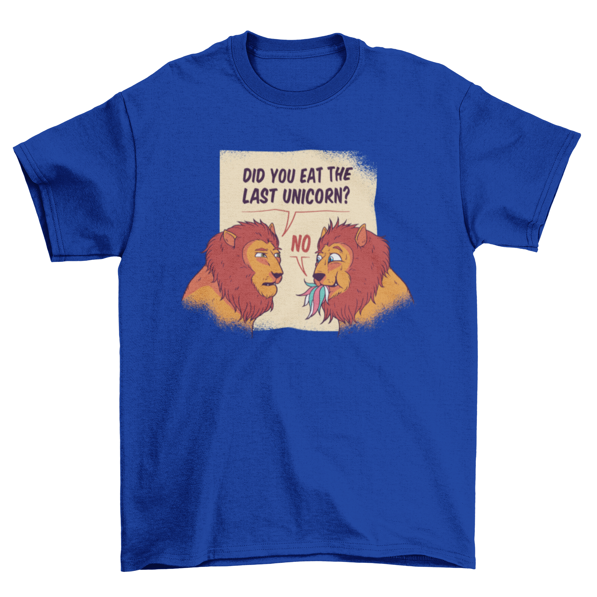 A humorous t-shirt design featuring hungry lions that have just eaten a unicorn, showcasing vibrant colors and playful artwork.