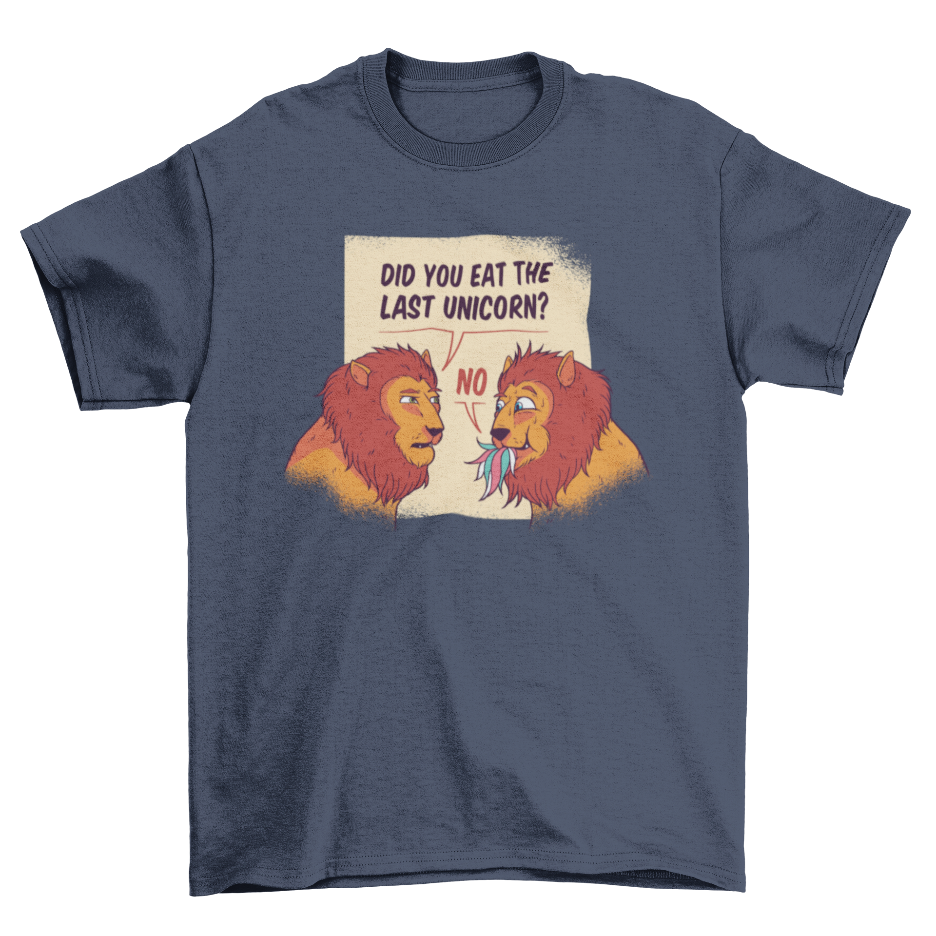 A humorous t-shirt design featuring hungry lions that have just eaten a unicorn, showcasing vibrant colors and playful artwork.