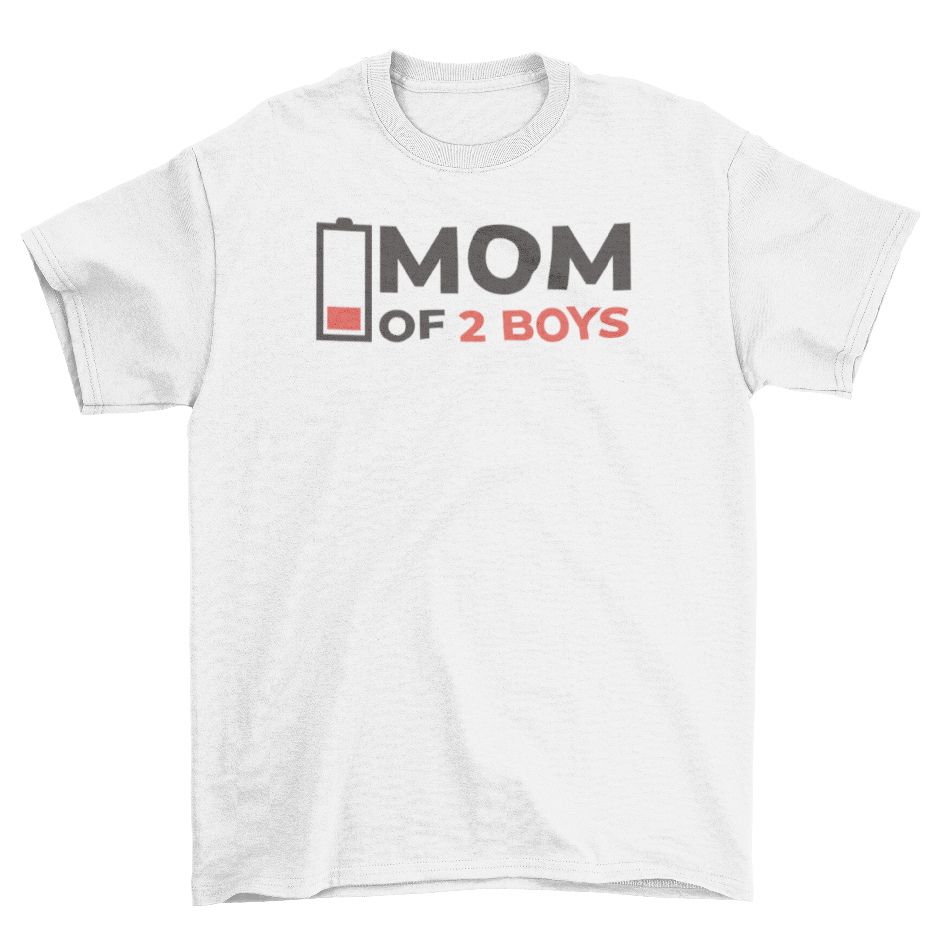 A humorous t-shirt featuring the quote 'Mom of 2 boys' with a low battery symbol, perfect for moms.