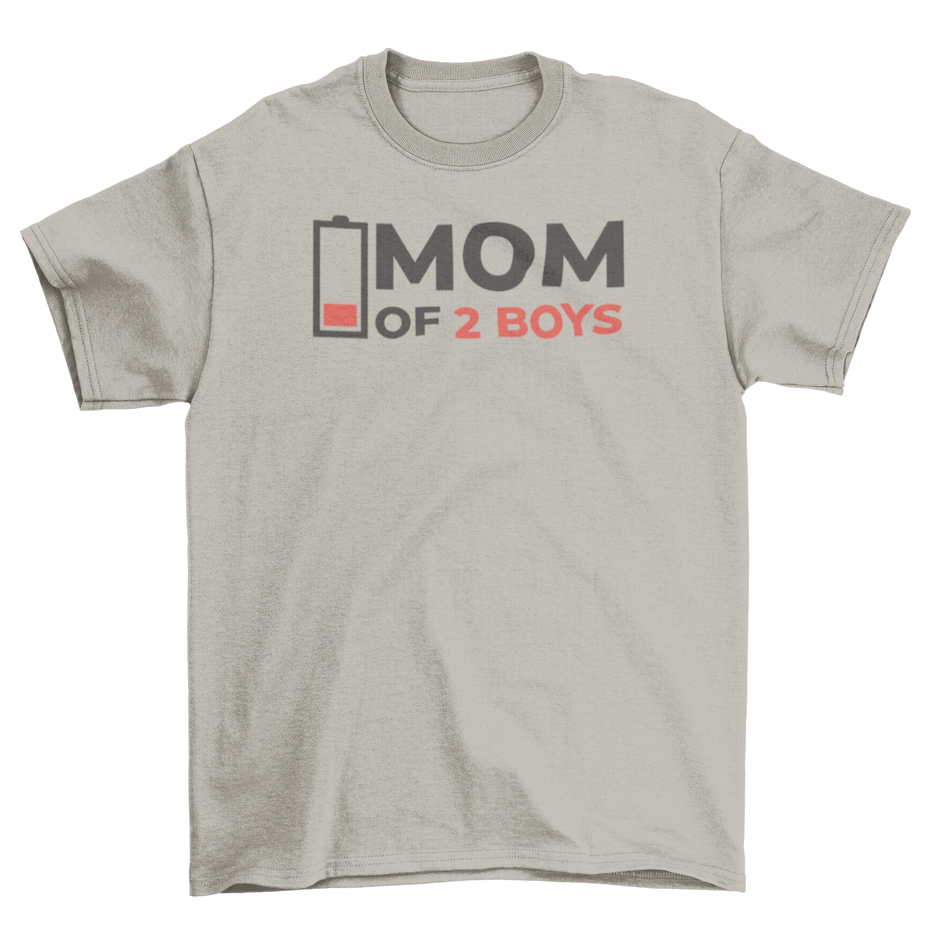 A humorous t-shirt featuring the quote 'Mom of 2 boys' with a low battery symbol, perfect for moms.