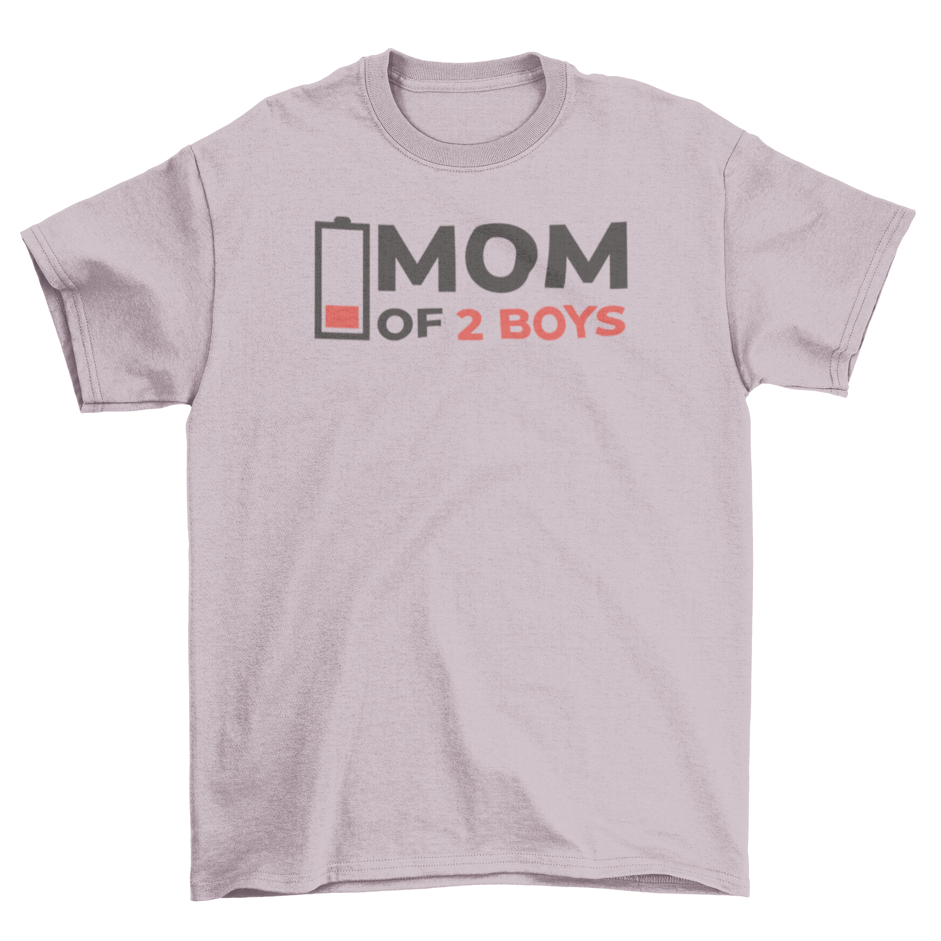 A humorous t-shirt featuring the quote 'Mom of 2 boys' with a low battery symbol, perfect for moms.