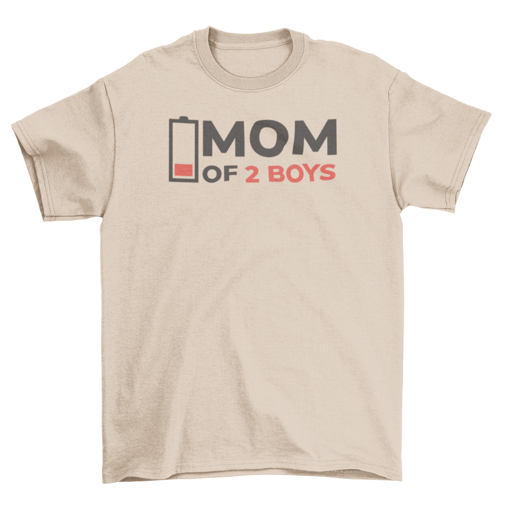 A humorous t-shirt featuring the quote 'Mom of 2 boys' with a low battery symbol, perfect for moms.