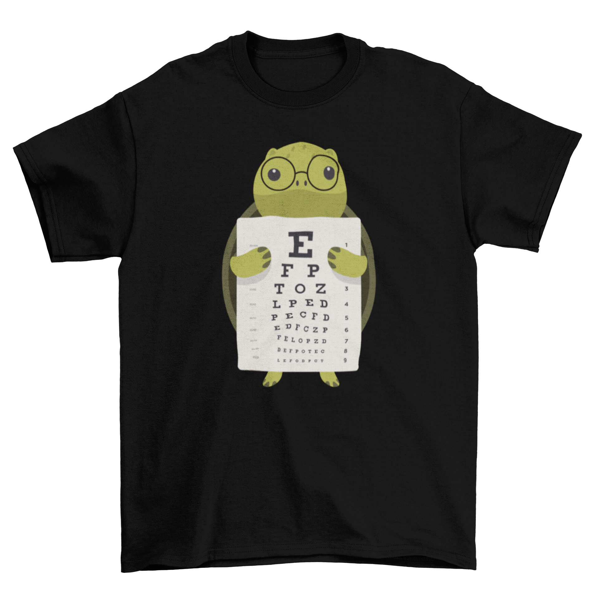 A cute turtle holding an eye chart on a t-shirt, perfect for ophthalmologists and turtle lovers.