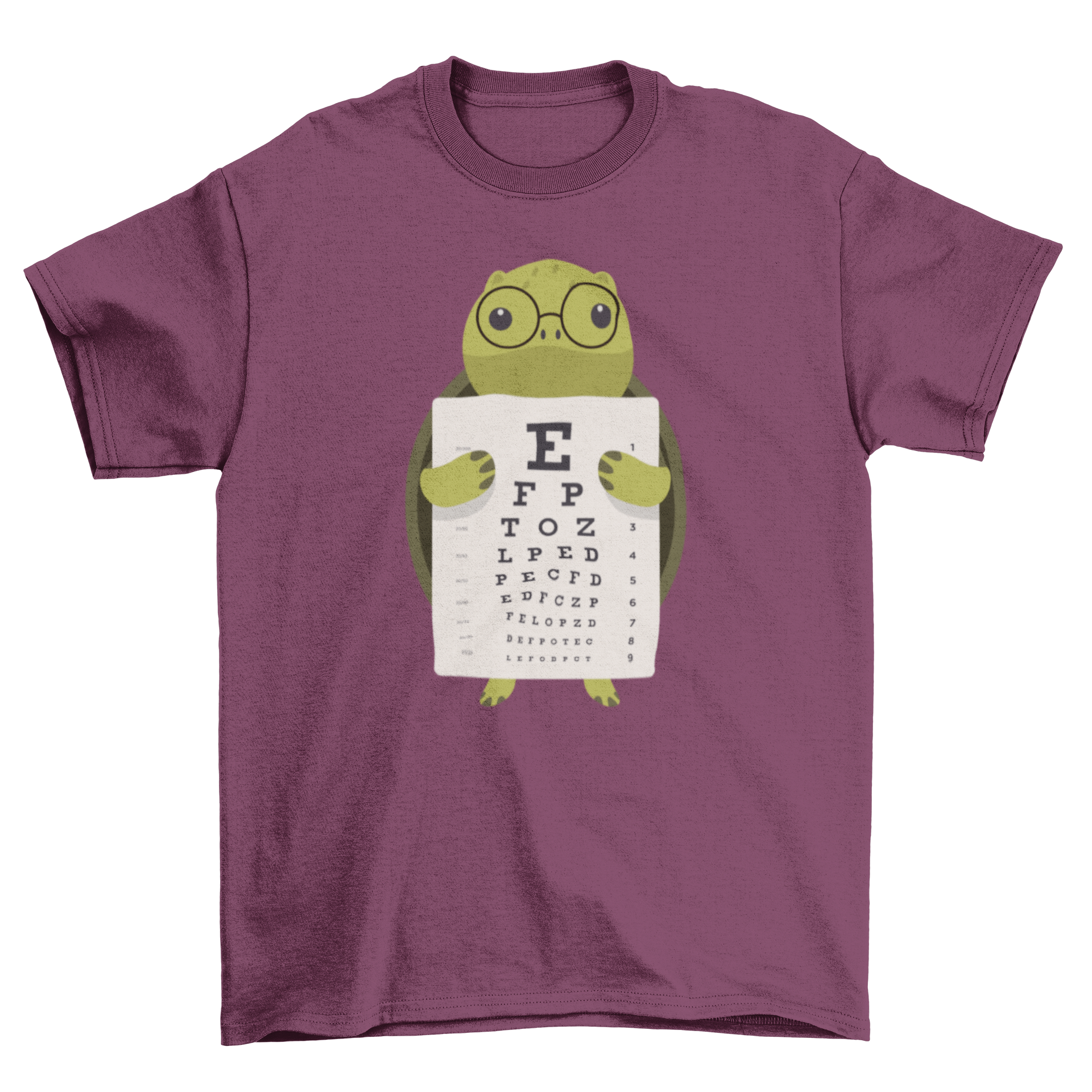 A cute turtle holding an eye chart on a t-shirt, perfect for ophthalmologists and turtle lovers.