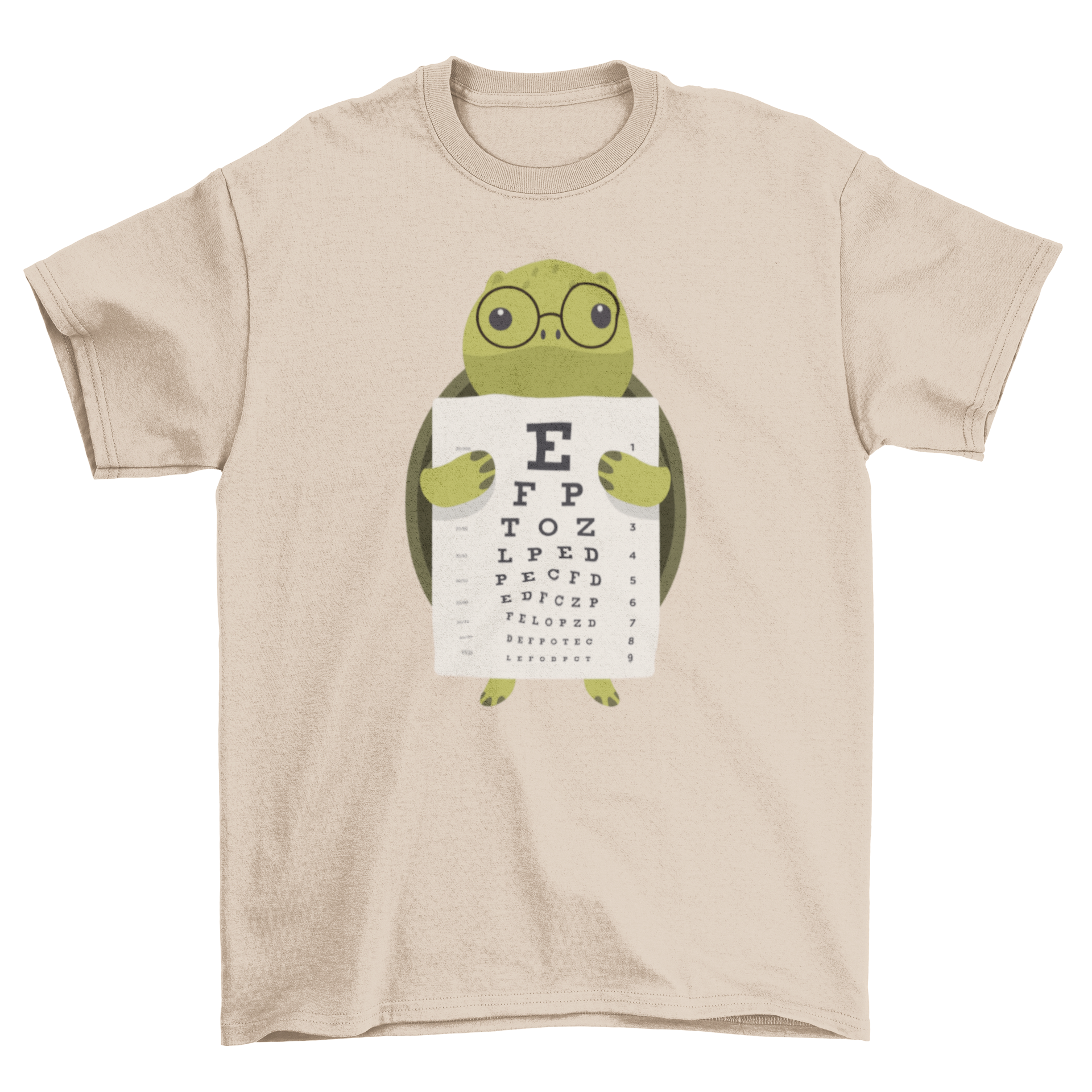 A cute turtle holding an eye chart on a t-shirt, perfect for ophthalmologists and turtle lovers.