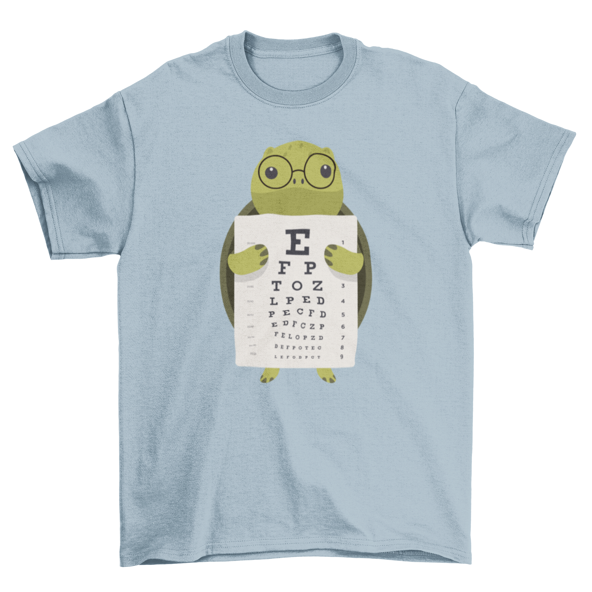 A cute turtle holding an eye chart on a t-shirt, perfect for ophthalmologists and turtle lovers.