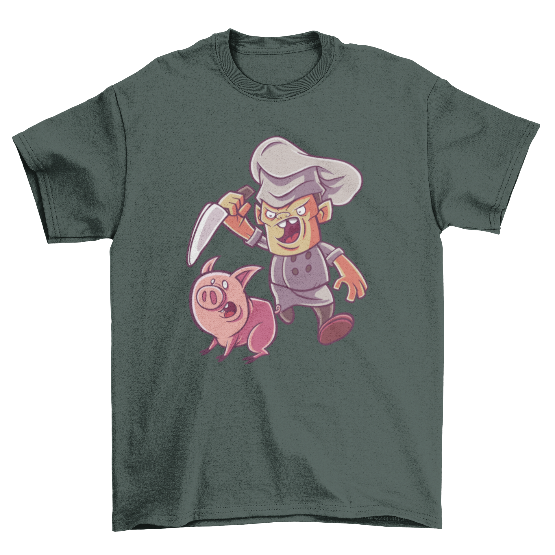 Funny Piggy Butcher Chef T-shirt featuring a whimsical design of a chef chasing a pig.