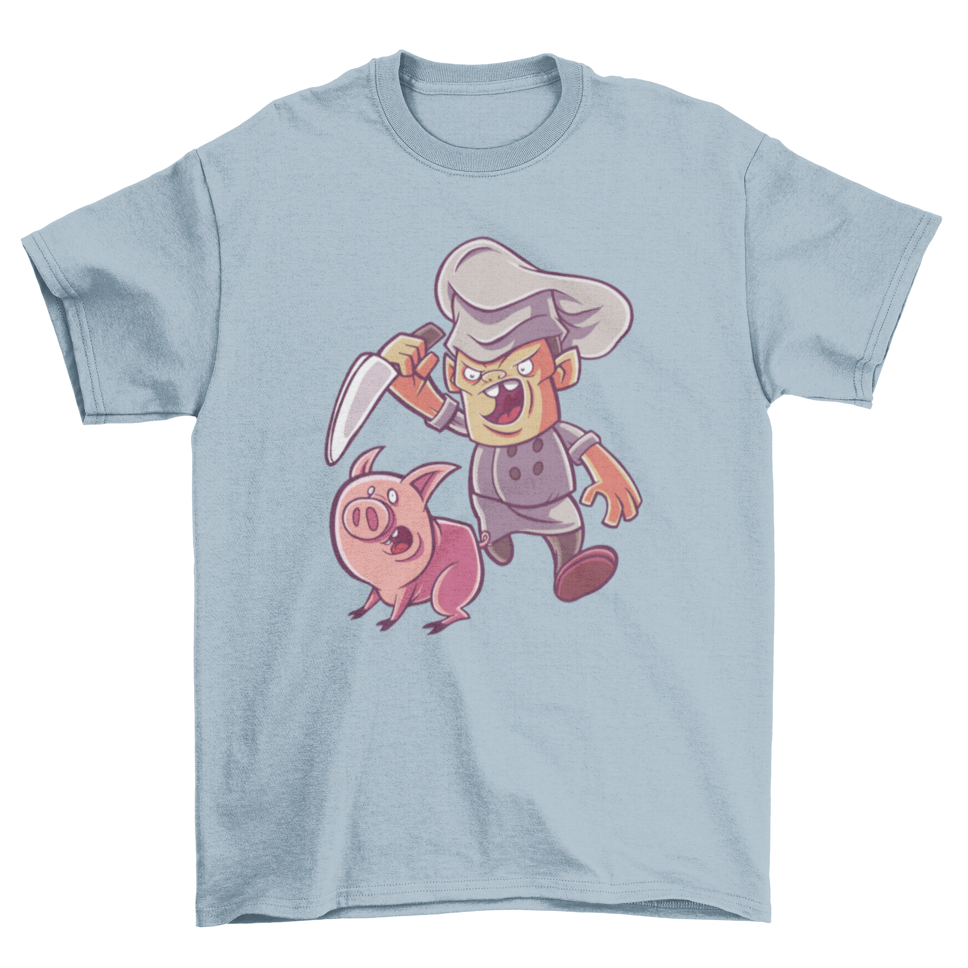 Funny Piggy Butcher Chef T-shirt featuring a whimsical design of a chef chasing a pig.