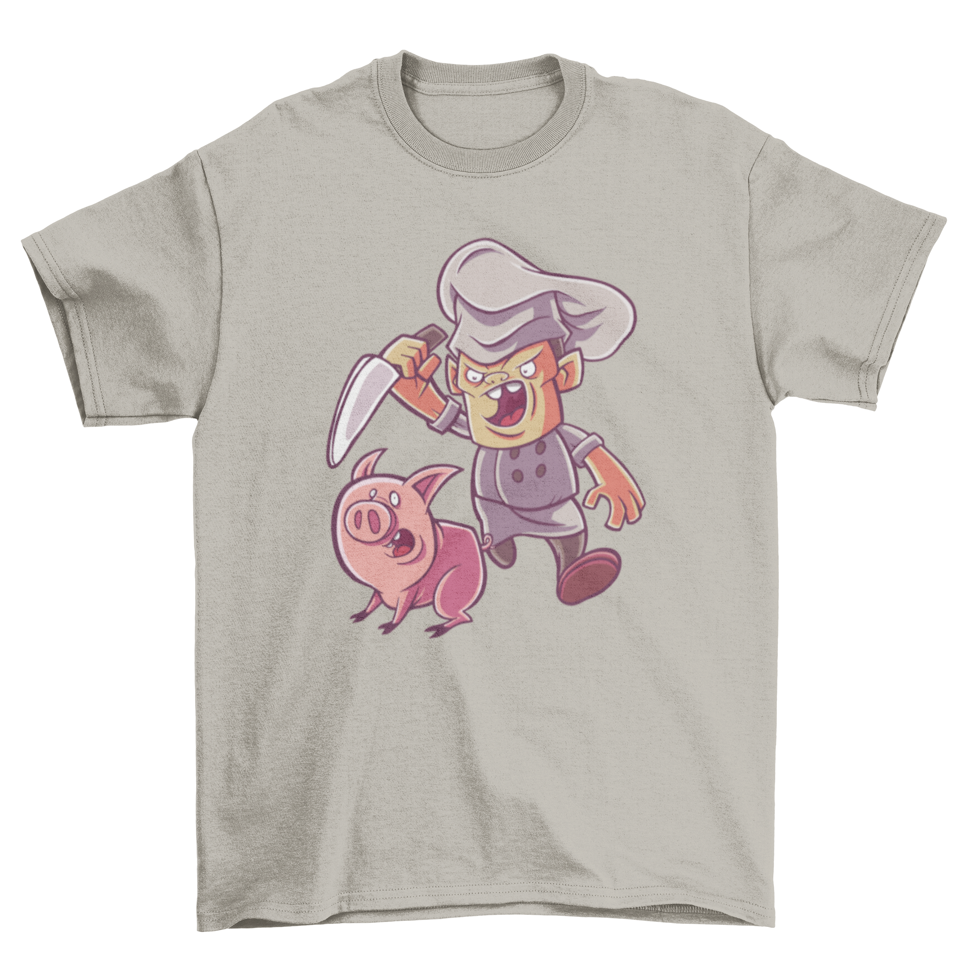 Funny Piggy Butcher Chef T-shirt featuring a whimsical design of a chef chasing a pig.
