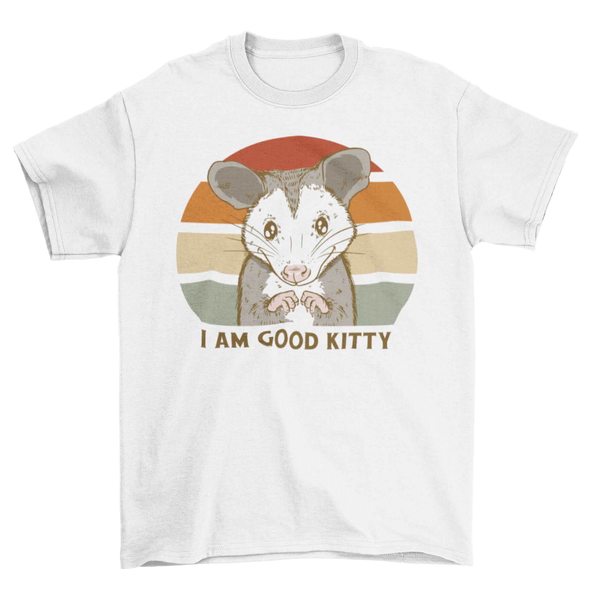 Funny possum retro quote t-shirt featuring a possum in front of a colorful sunset with the quote 'I am good kitty'.