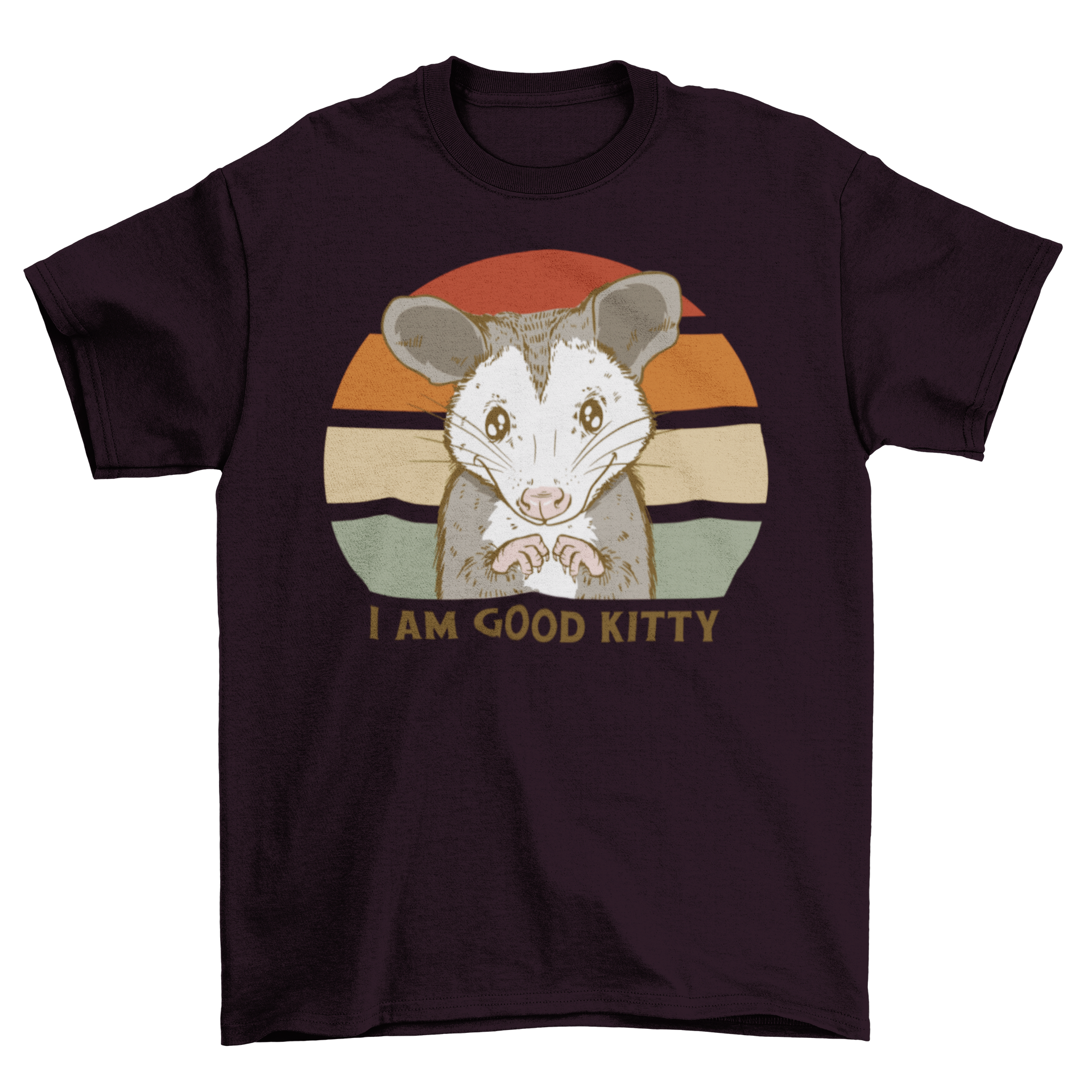 Funny possum retro quote t-shirt featuring a possum in front of a colorful sunset with the quote 'I am good kitty'.