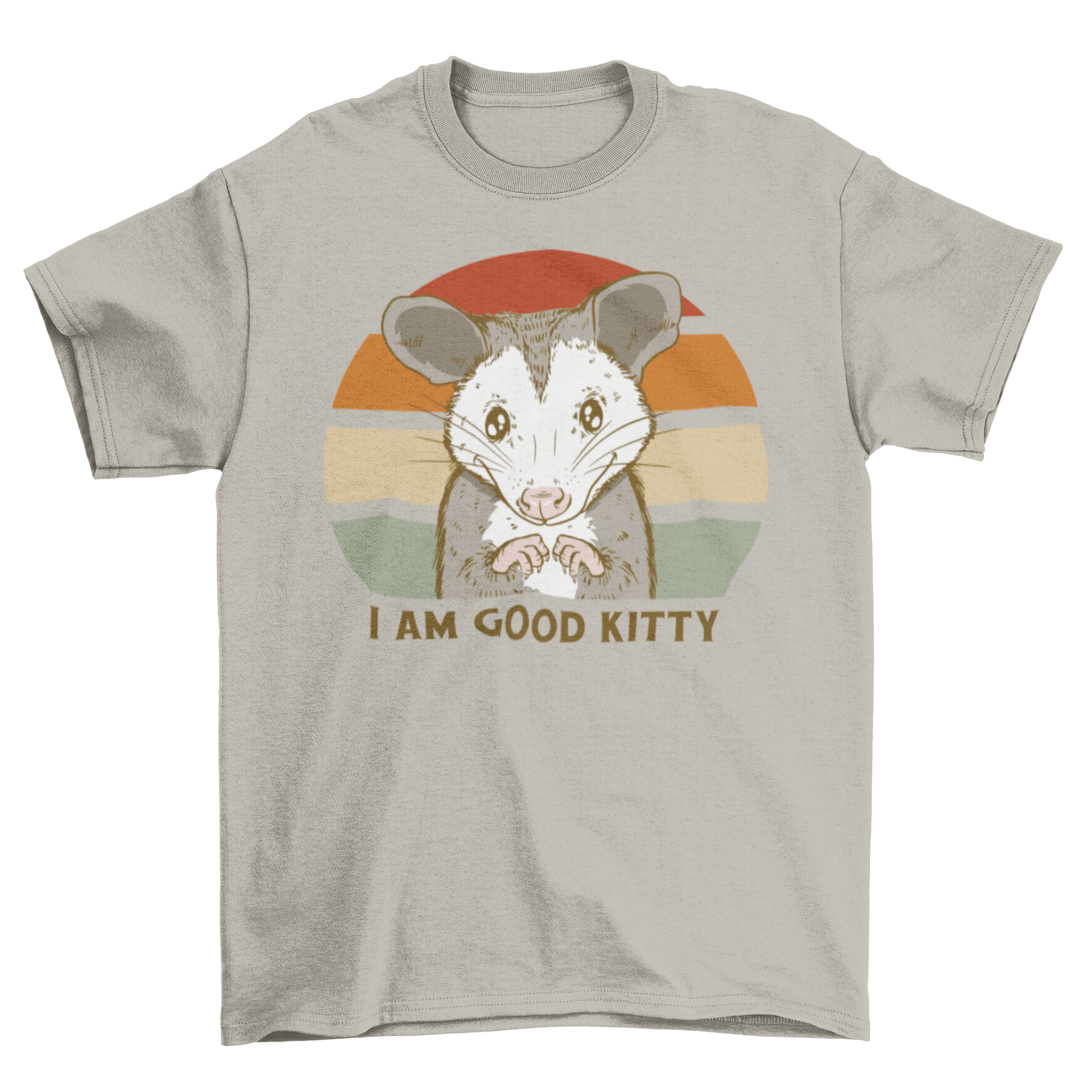 Funny possum retro quote t-shirt featuring a possum in front of a colorful sunset with the quote 'I am good kitty'.