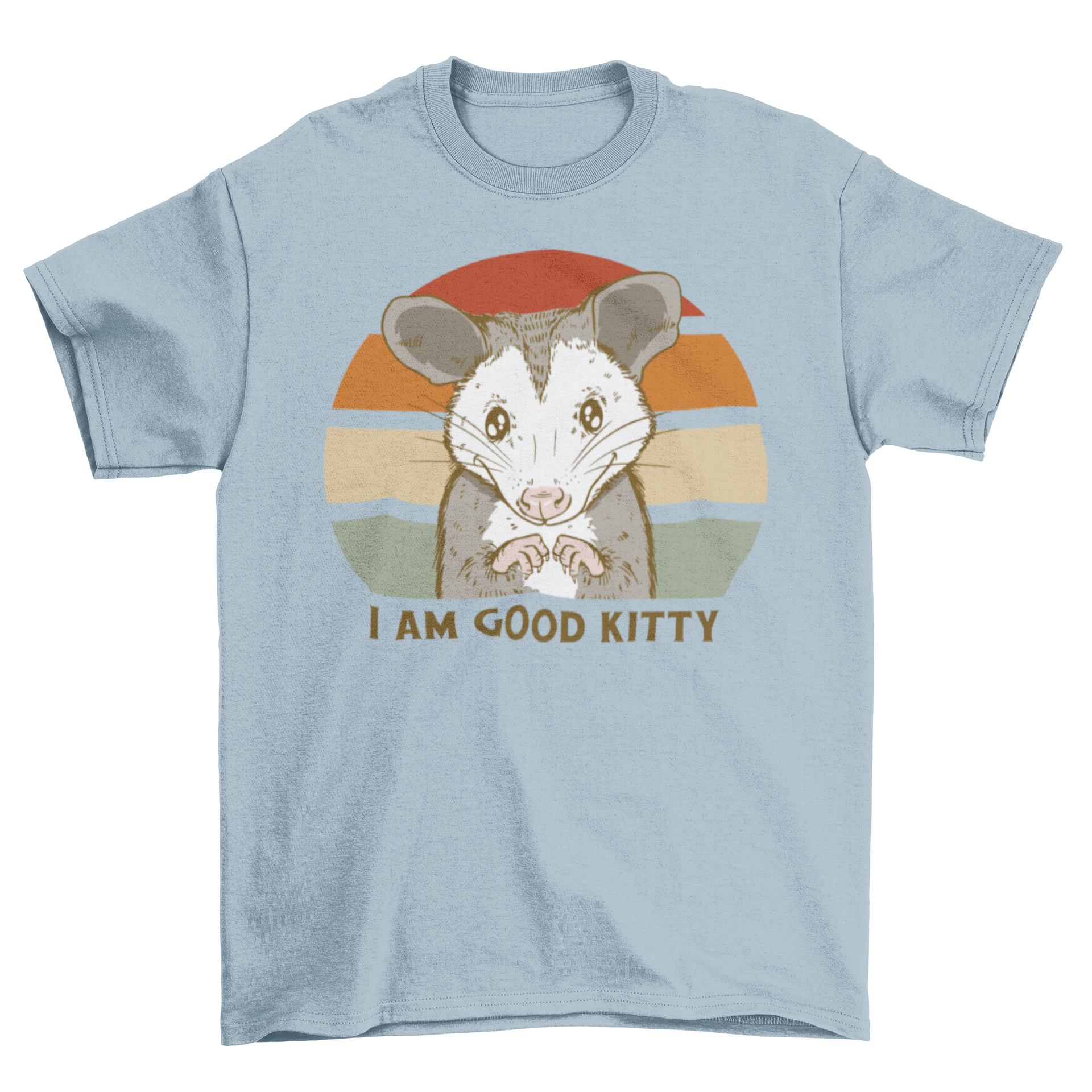 Funny possum retro quote t-shirt featuring a possum in front of a colorful sunset with the quote 'I am good kitty'.