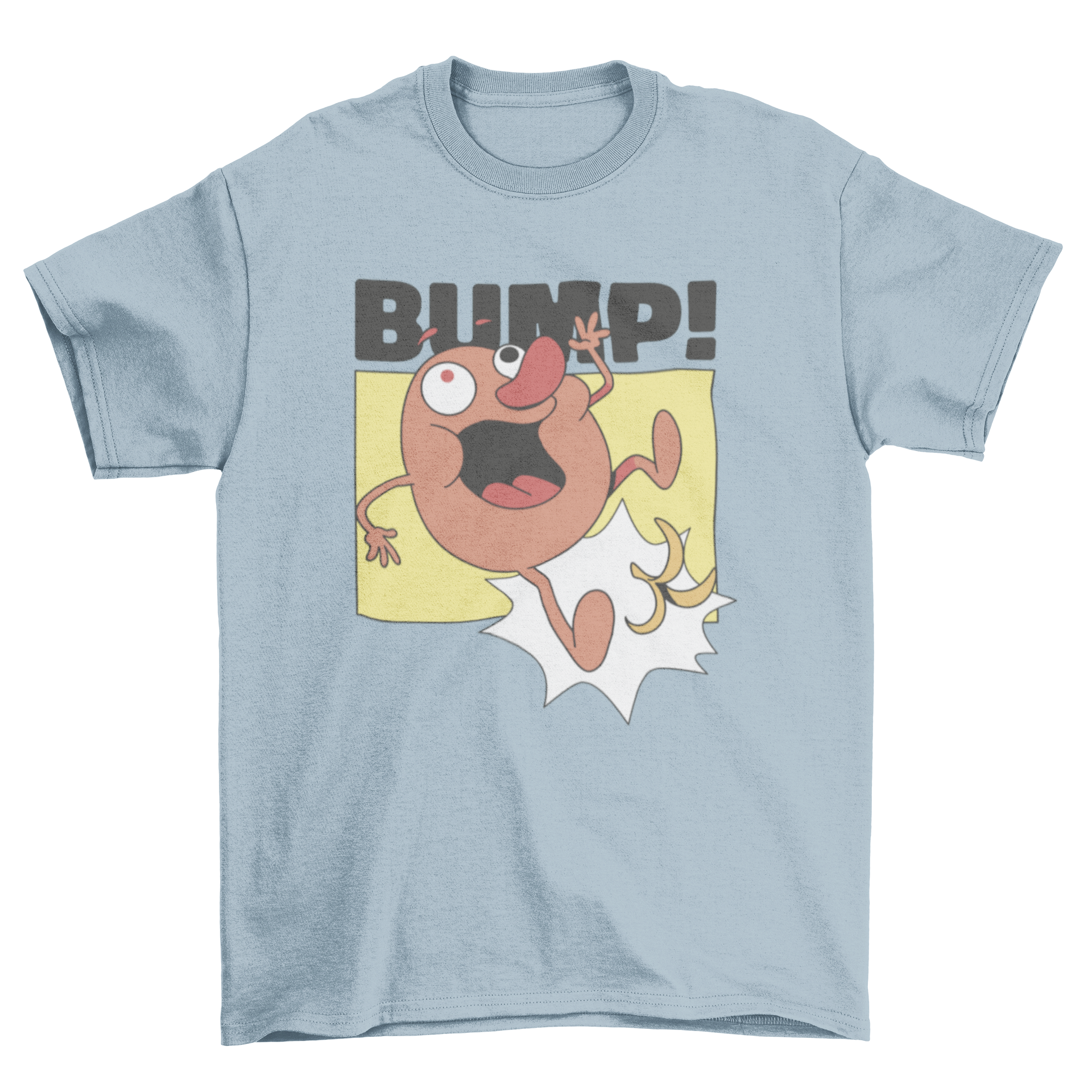 A humorous t-shirt design featuring a cartoon potato character slipping on a banana peel, showcasing vibrant colors and playful illustration.