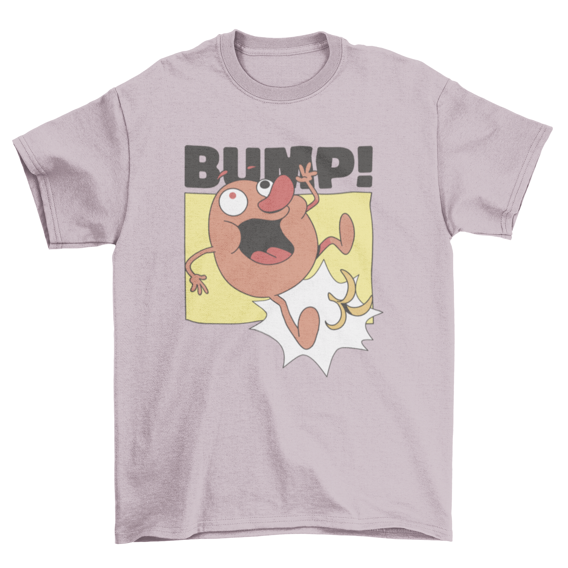 A humorous t-shirt design featuring a cartoon potato character slipping on a banana peel, showcasing vibrant colors and playful illustration.