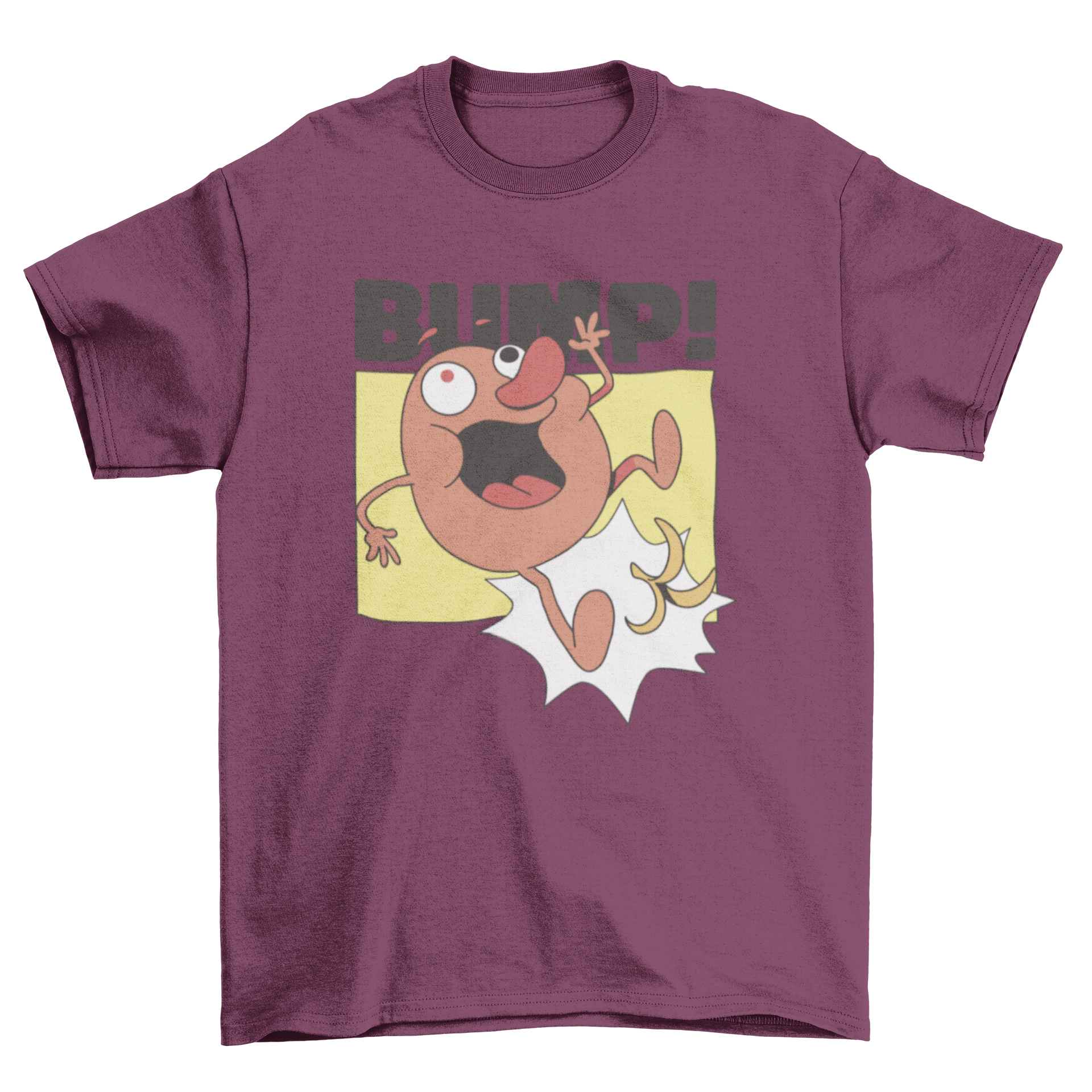 A humorous t-shirt design featuring a cartoon potato character slipping on a banana peel, showcasing vibrant colors and playful illustration.