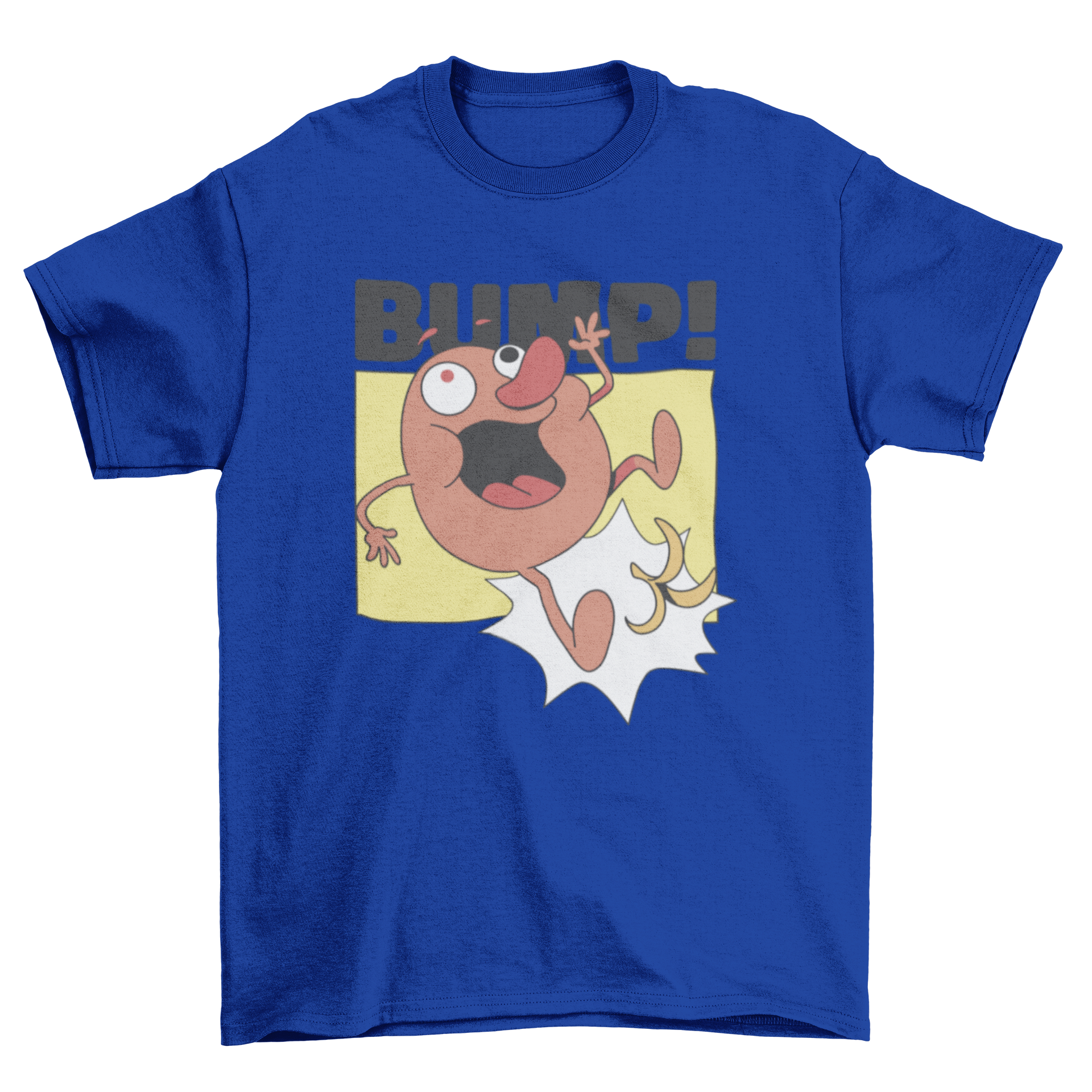 A humorous t-shirt design featuring a cartoon potato character slipping on a banana peel, showcasing vibrant colors and playful illustration.