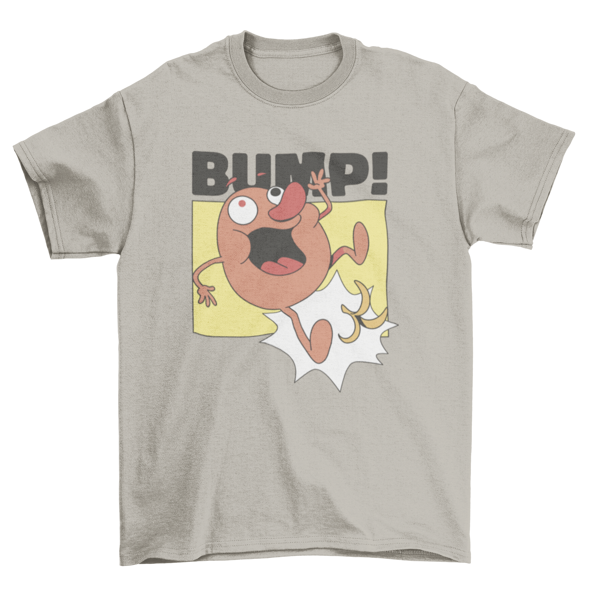 A humorous t-shirt design featuring a cartoon potato character slipping on a banana peel, showcasing vibrant colors and playful illustration.