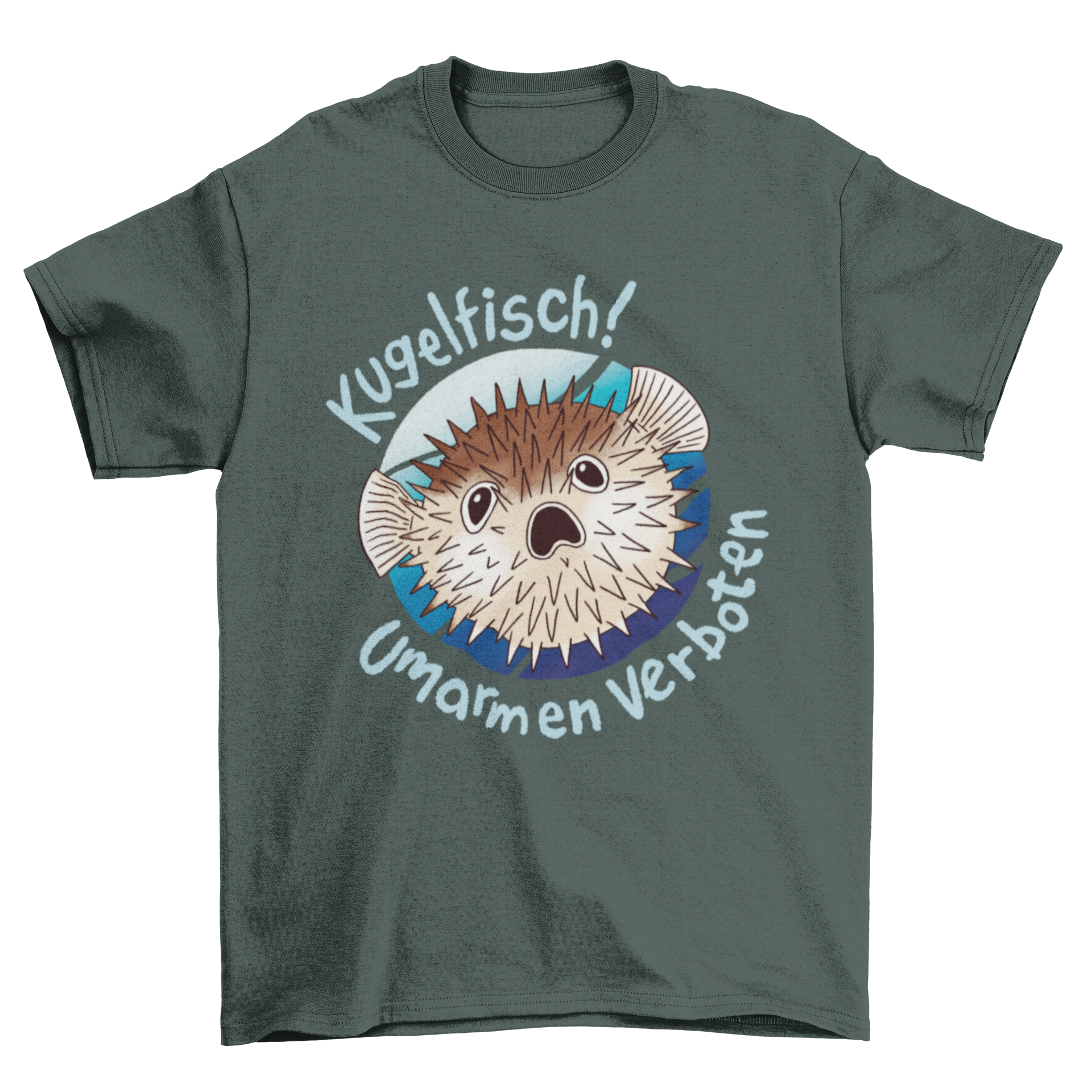 Funny t-shirt featuring a scared blowfish with a humorous German quote about hugging blowfish.