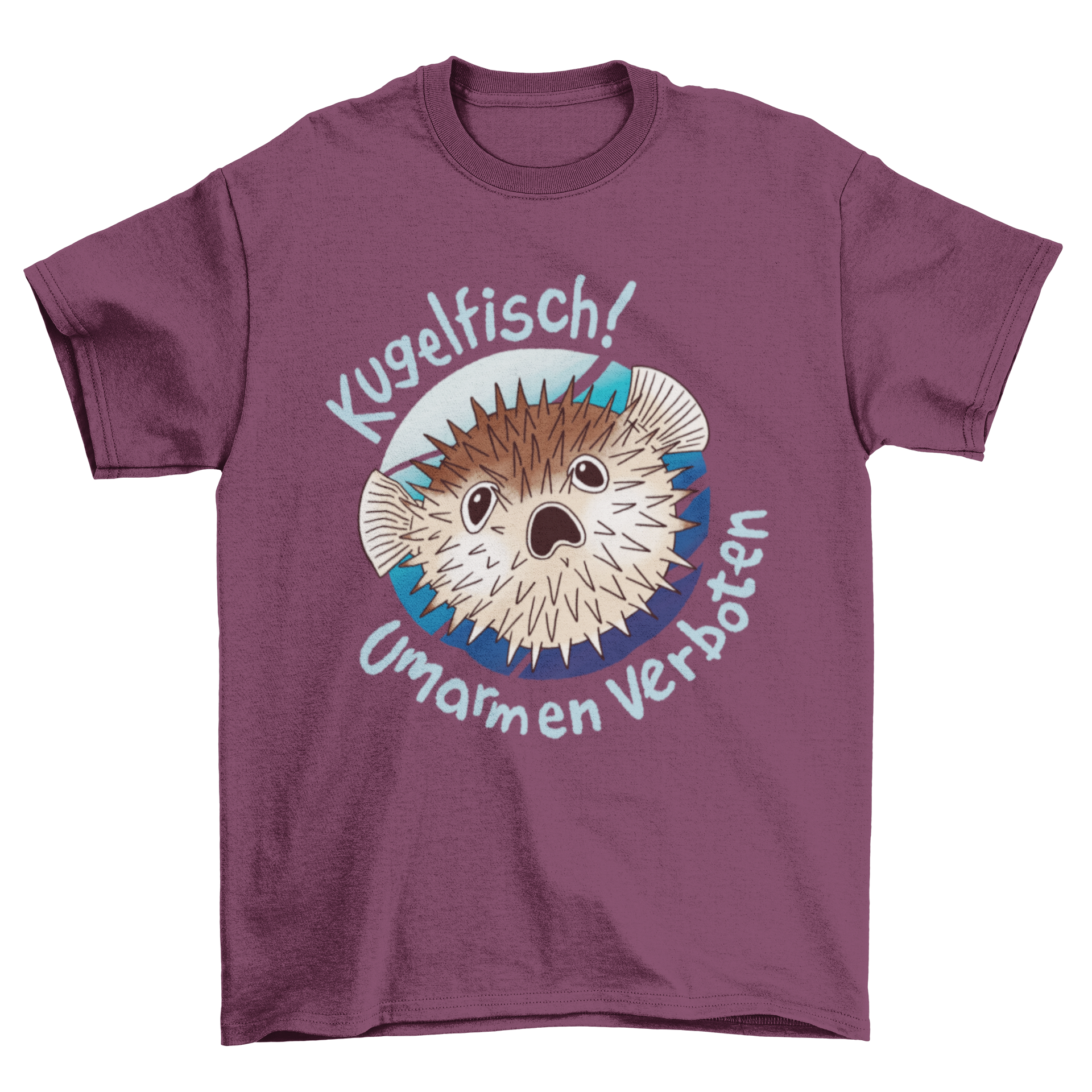 Funny t-shirt featuring a scared blowfish with a humorous German quote about hugging blowfish.