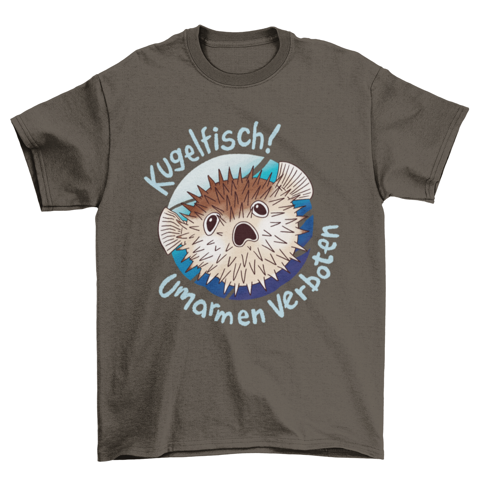 Funny t-shirt featuring a scared blowfish with a humorous German quote about hugging blowfish.