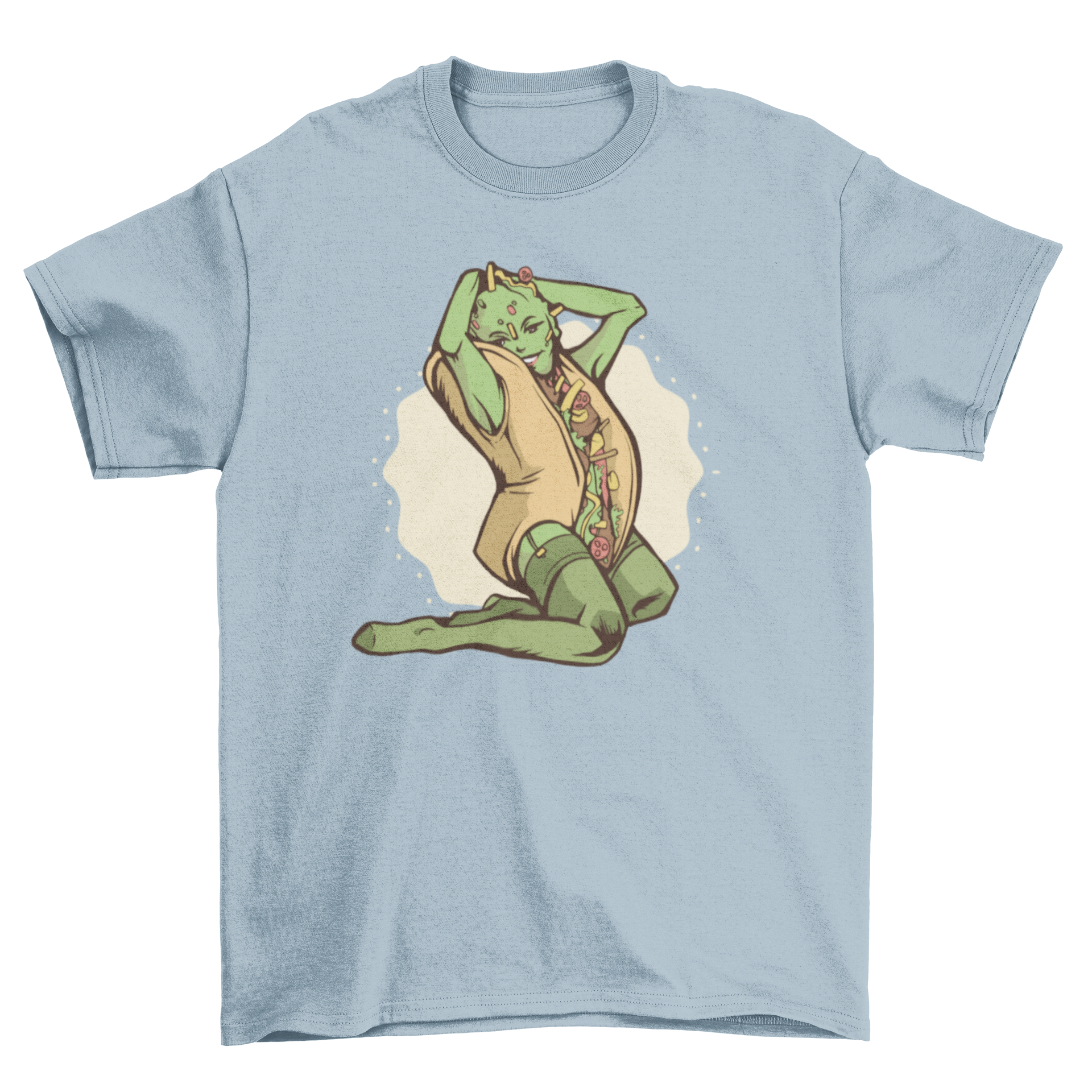 A vibrant t-shirt featuring a sexy taco girl design, perfect for food lovers.