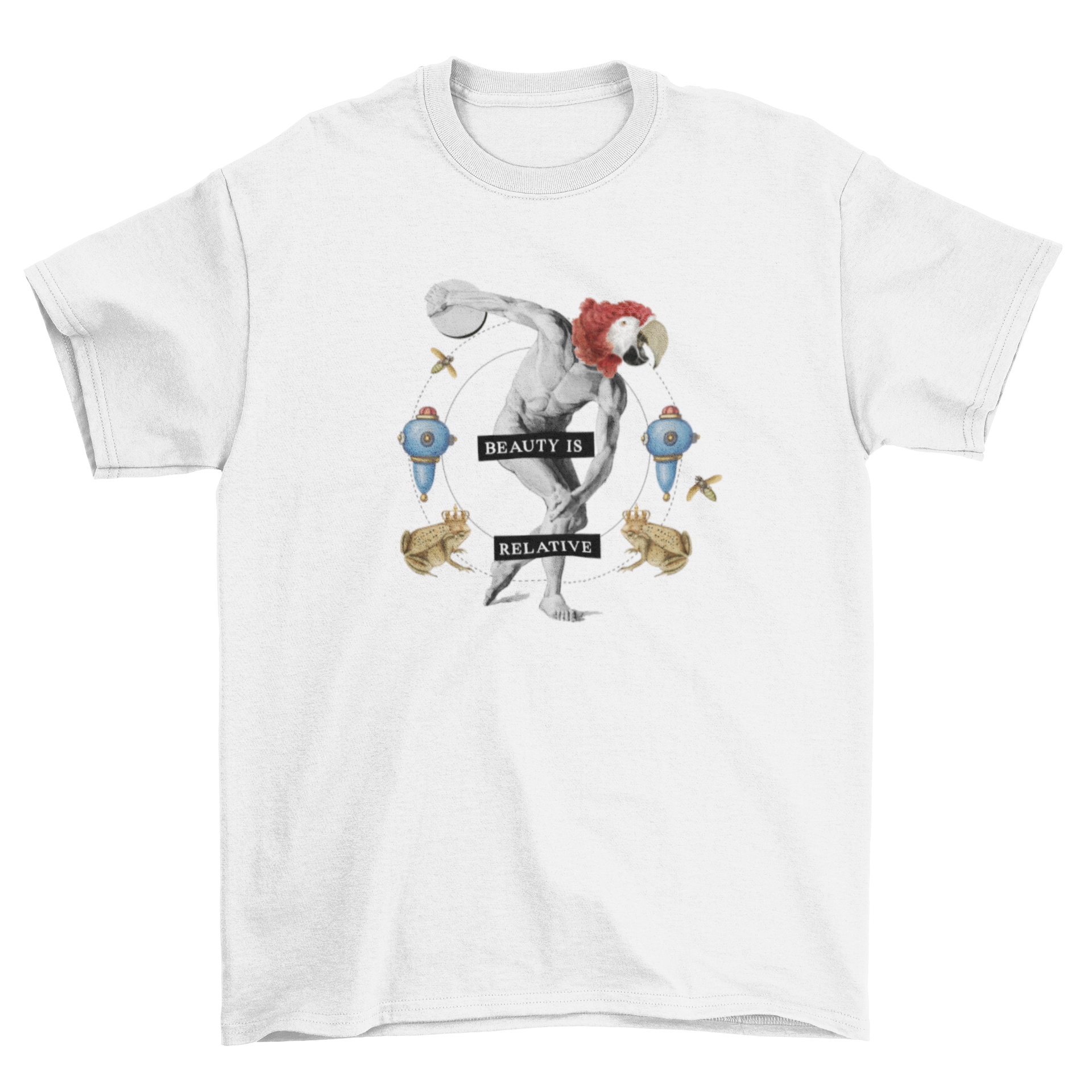 A whimsical sculpture featuring a classical statue with a bird head, displaying the quote 'Beauty is relative'.