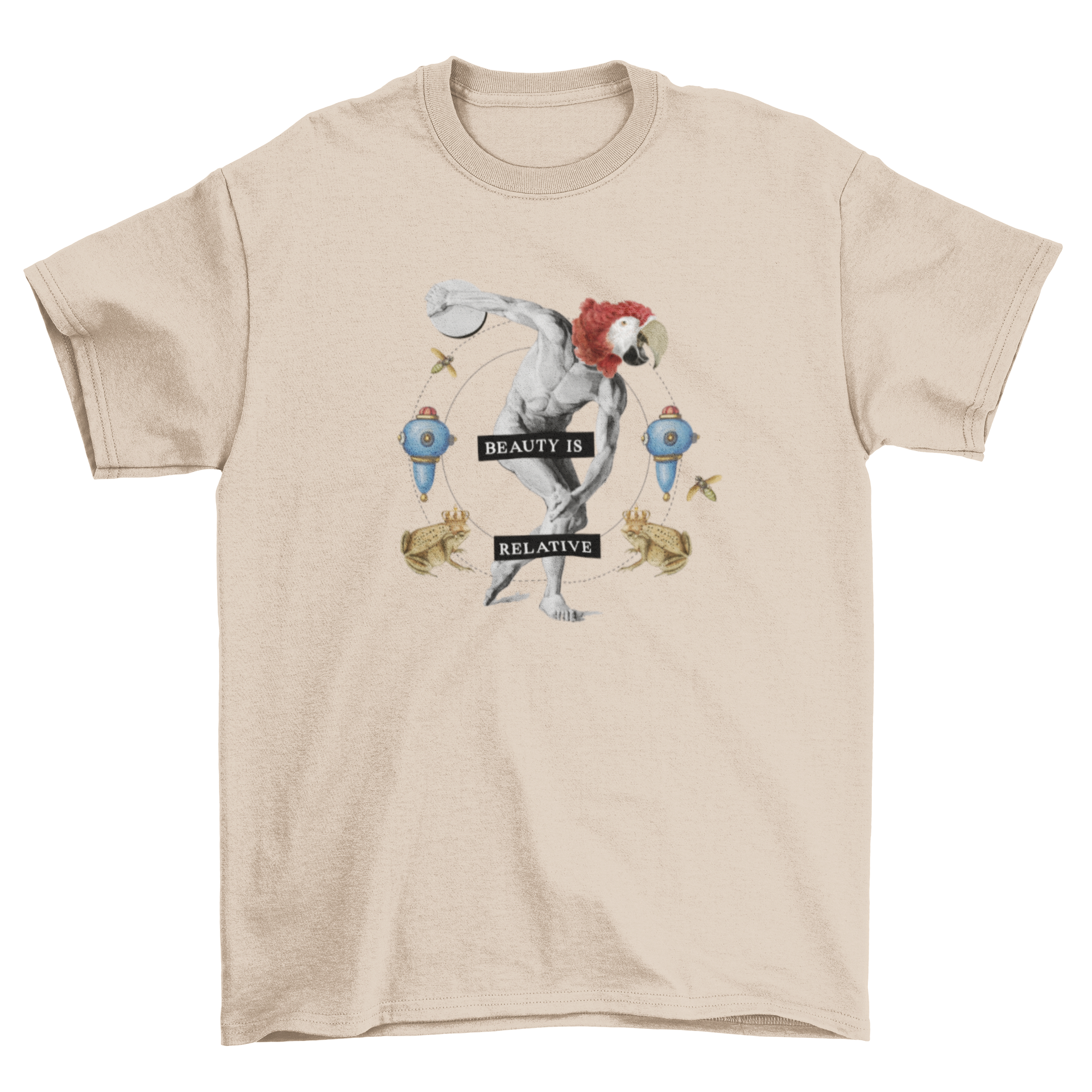 A whimsical sculpture featuring a classical statue with a bird head, displaying the quote 'Beauty is relative'.