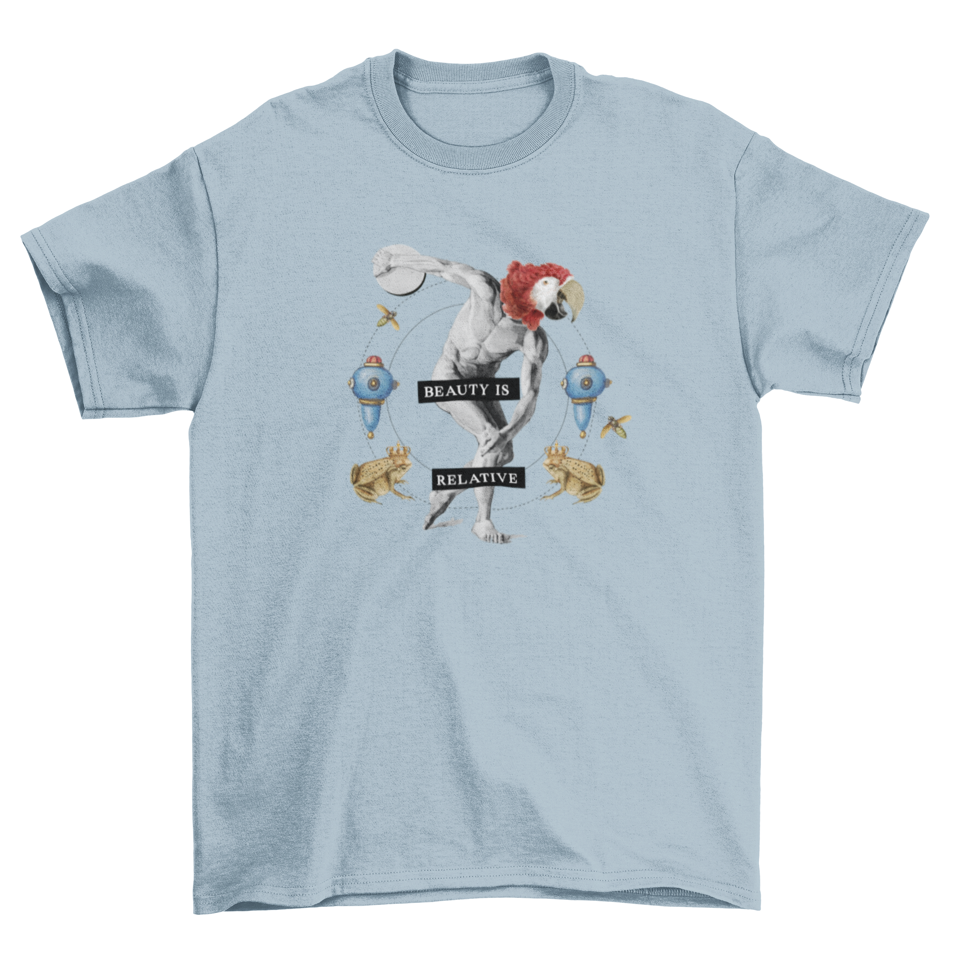 A whimsical sculpture featuring a classical statue with a bird head, displaying the quote 'Beauty is relative'.