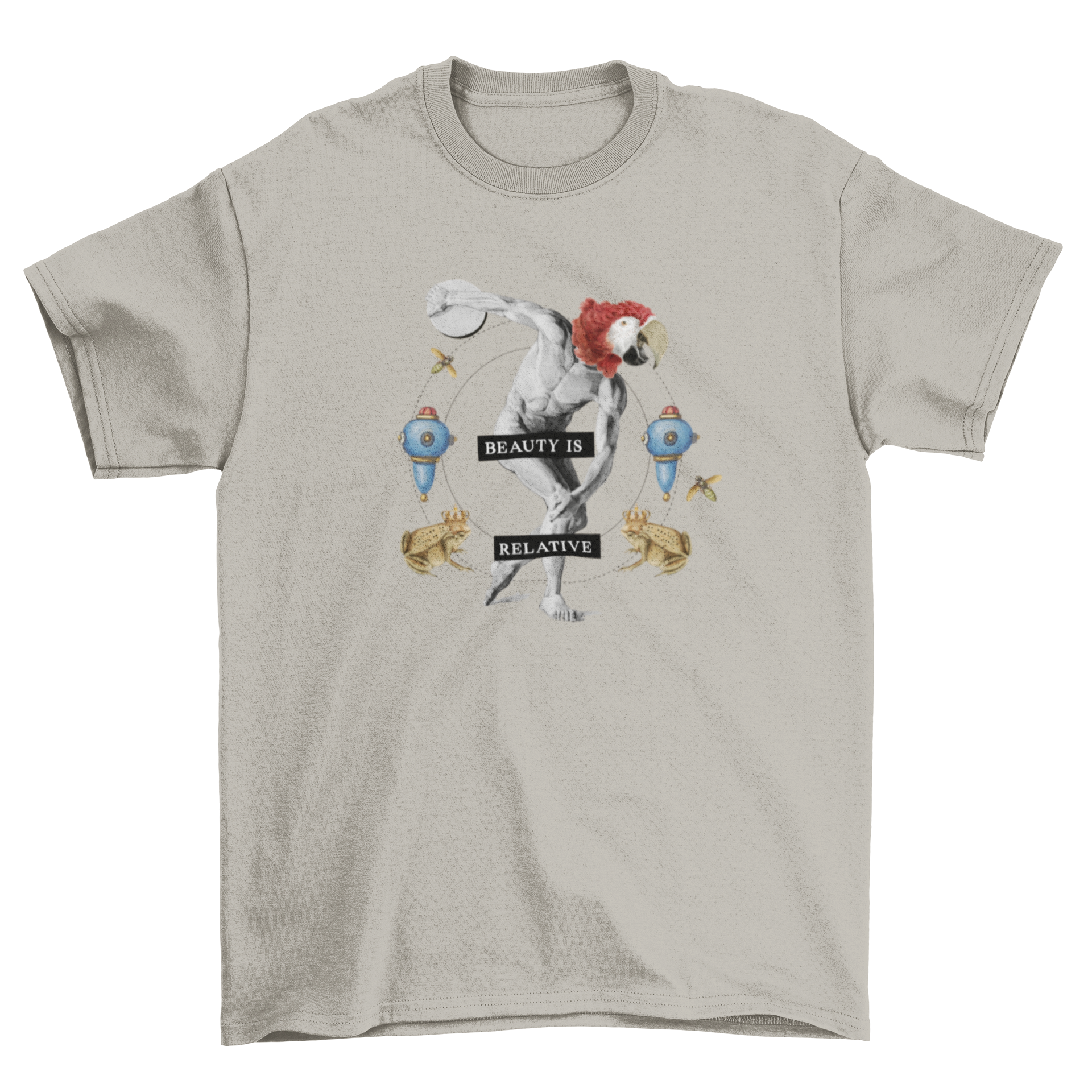 A whimsical sculpture featuring a classical statue with a bird head, displaying the quote 'Beauty is relative'.