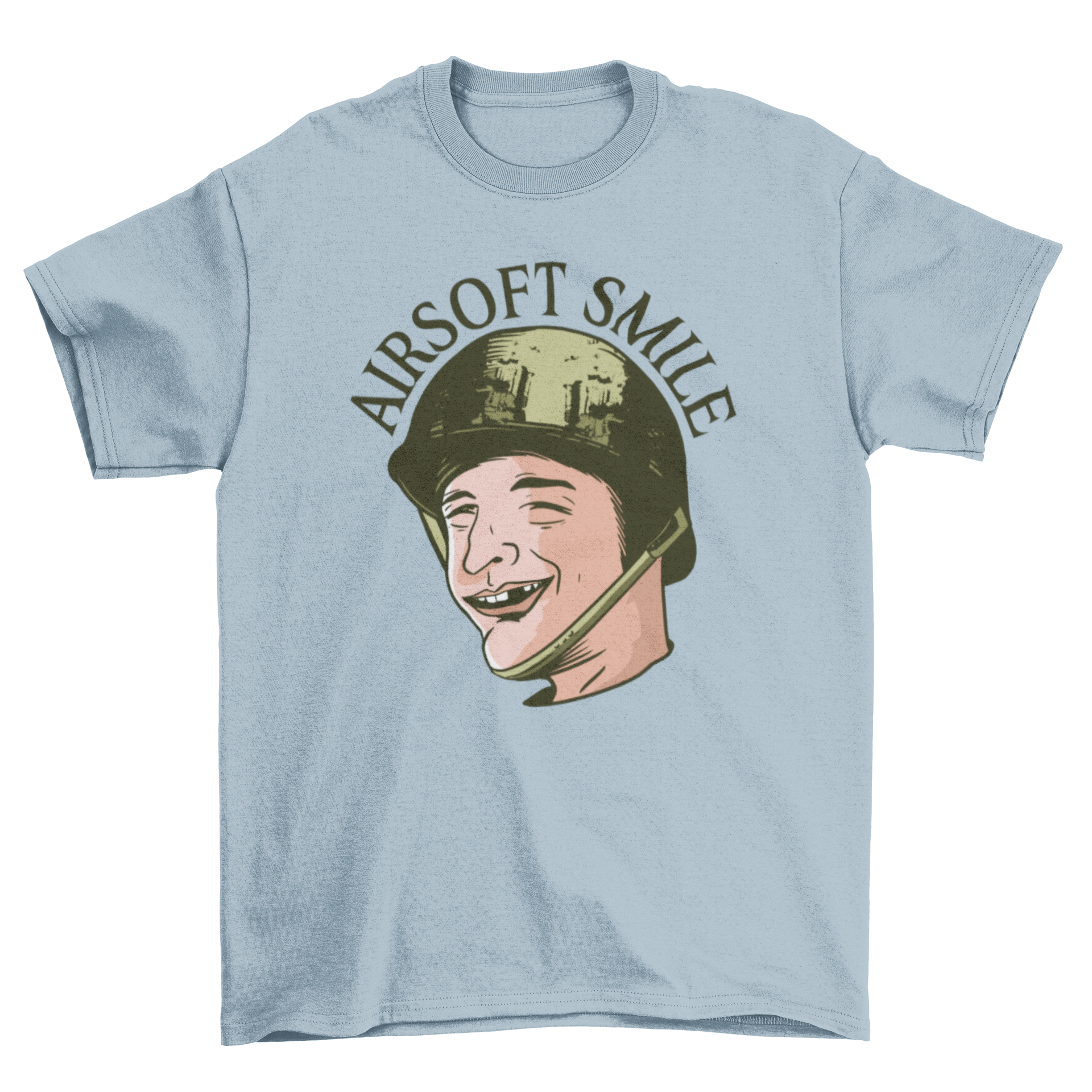 Funny Toothless Man Airsoft T-shirt featuring a man in a green helmet with a toothless smile and the quote 'AIRSOFT SMILE'.