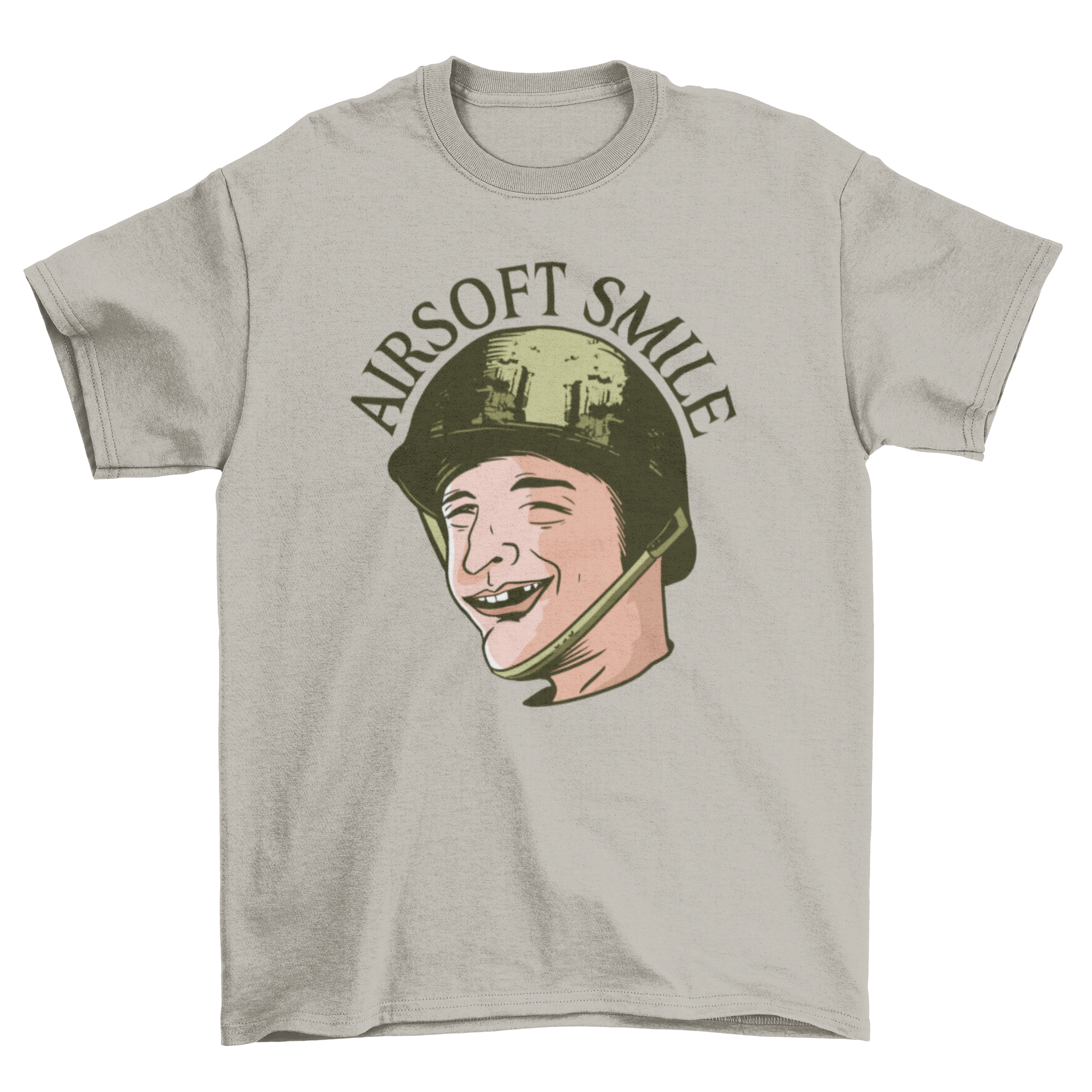 Funny Toothless Man Airsoft T-shirt featuring a man in a green helmet with a toothless smile and the quote 'AIRSOFT SMILE'.