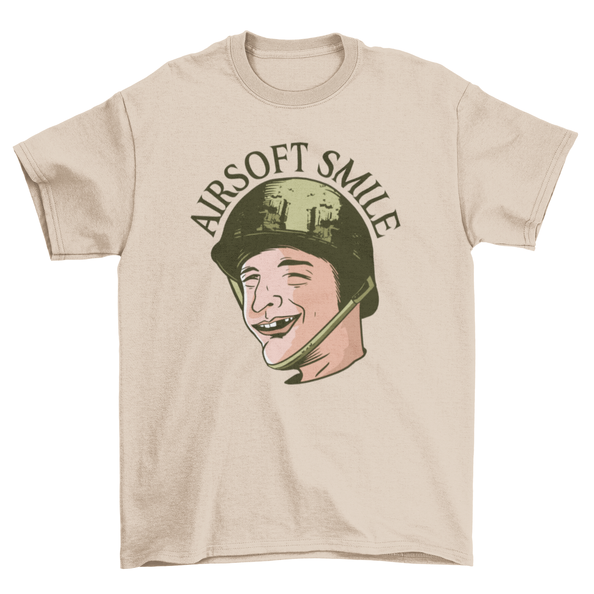 Funny Toothless Man Airsoft T-shirt featuring a man in a green helmet with a toothless smile and the quote 'AIRSOFT SMILE'.
