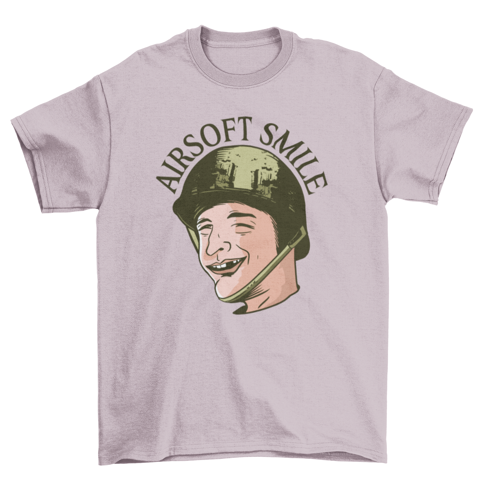Funny Toothless Man Airsoft T-shirt featuring a man in a green helmet with a toothless smile and the quote 'AIRSOFT SMILE'.