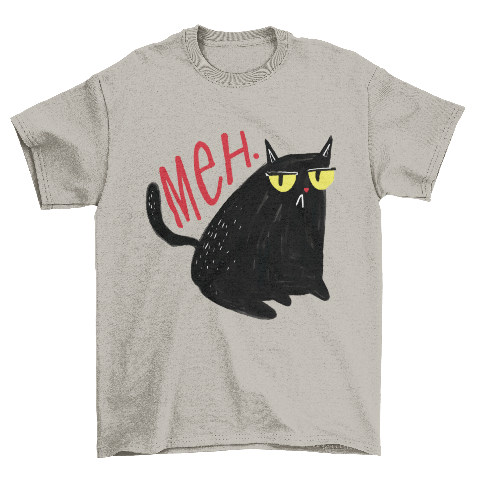 A black cat with an unimpressed expression and the word 'Meh' printed on a stylish t-shirt.