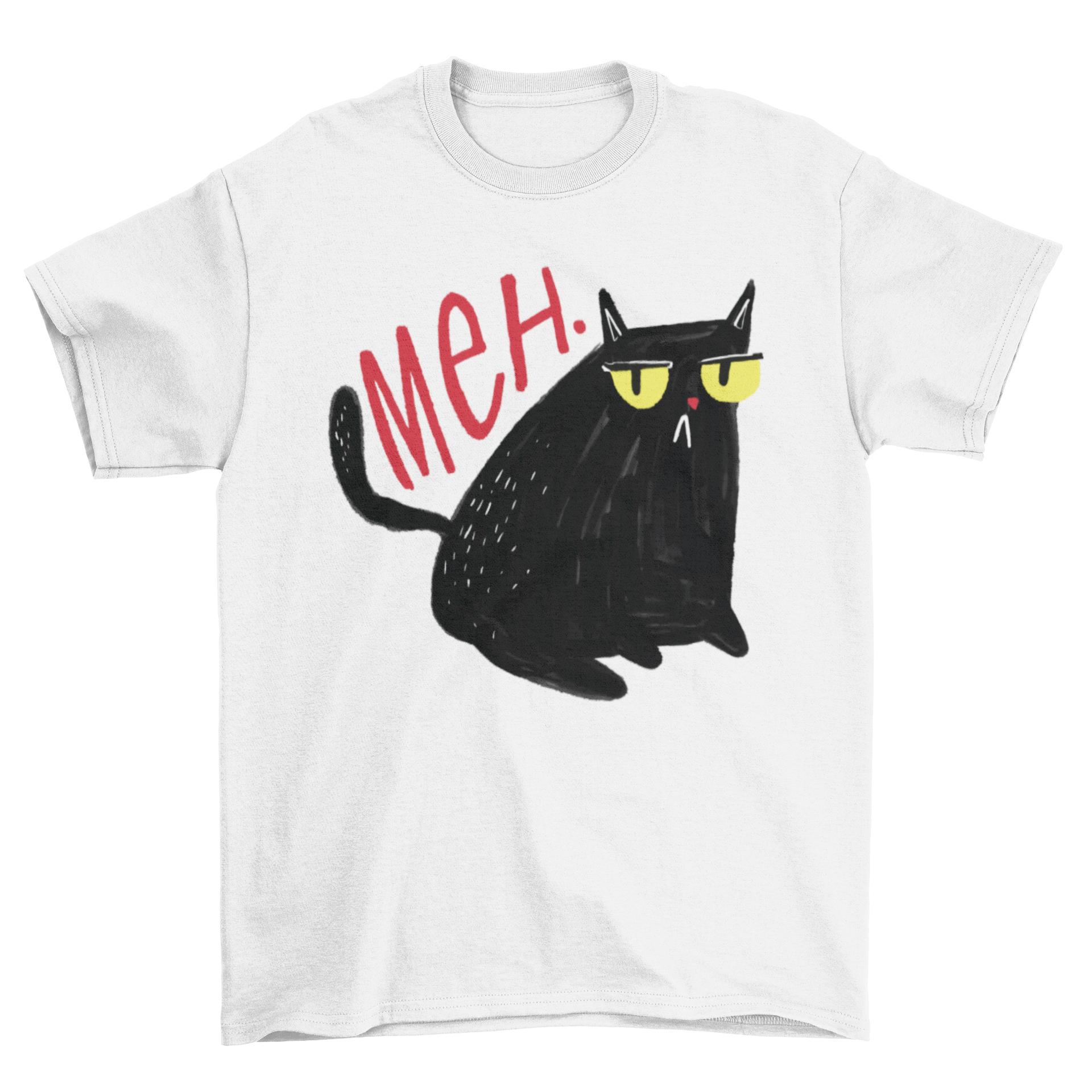 A black cat with an unimpressed expression and the word 'Meh' printed on a stylish t-shirt.