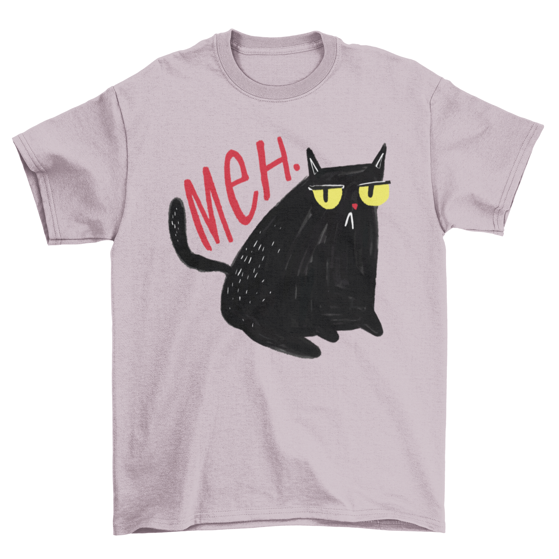 A black cat with an unimpressed expression and the word 'Meh' printed on a stylish t-shirt.