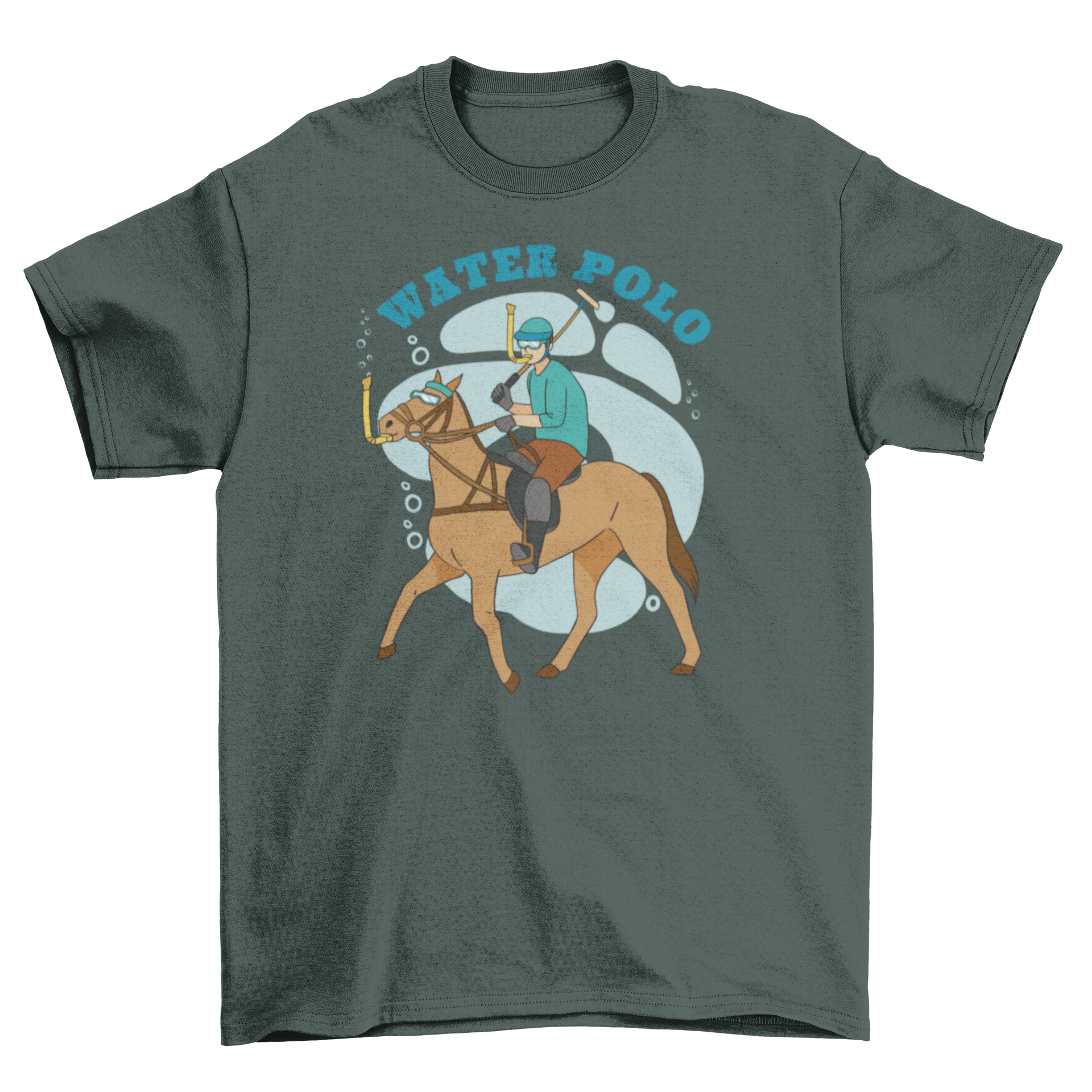 Funny water polo sports t-shirt featuring a polo player underwater with snorkels and humorous quote.