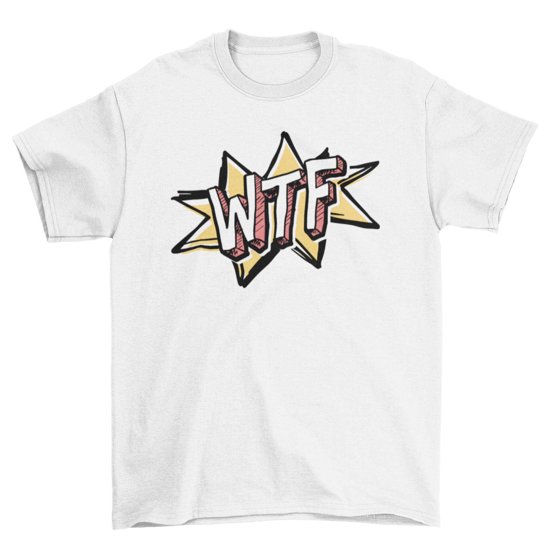 A humorous t-shirt featuring a bold 'WTF' graphic in red and yellow comic style, perfect for casual wear.
