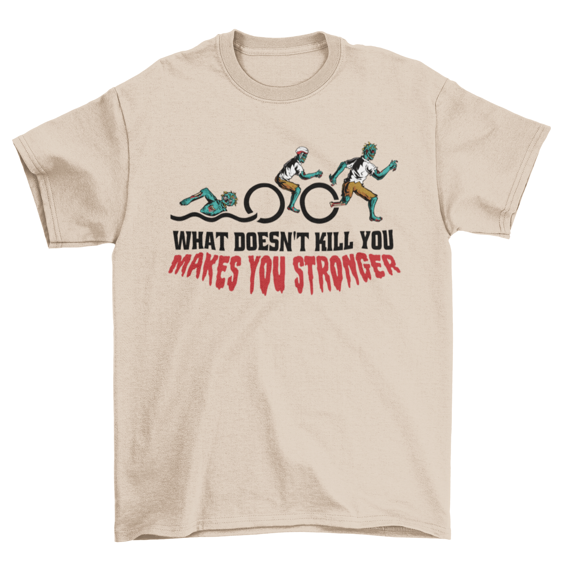 A humorous t-shirt design featuring a zombie engaged in various athletic activities with the quote 'What doesn't kill you makes you stronger'.
