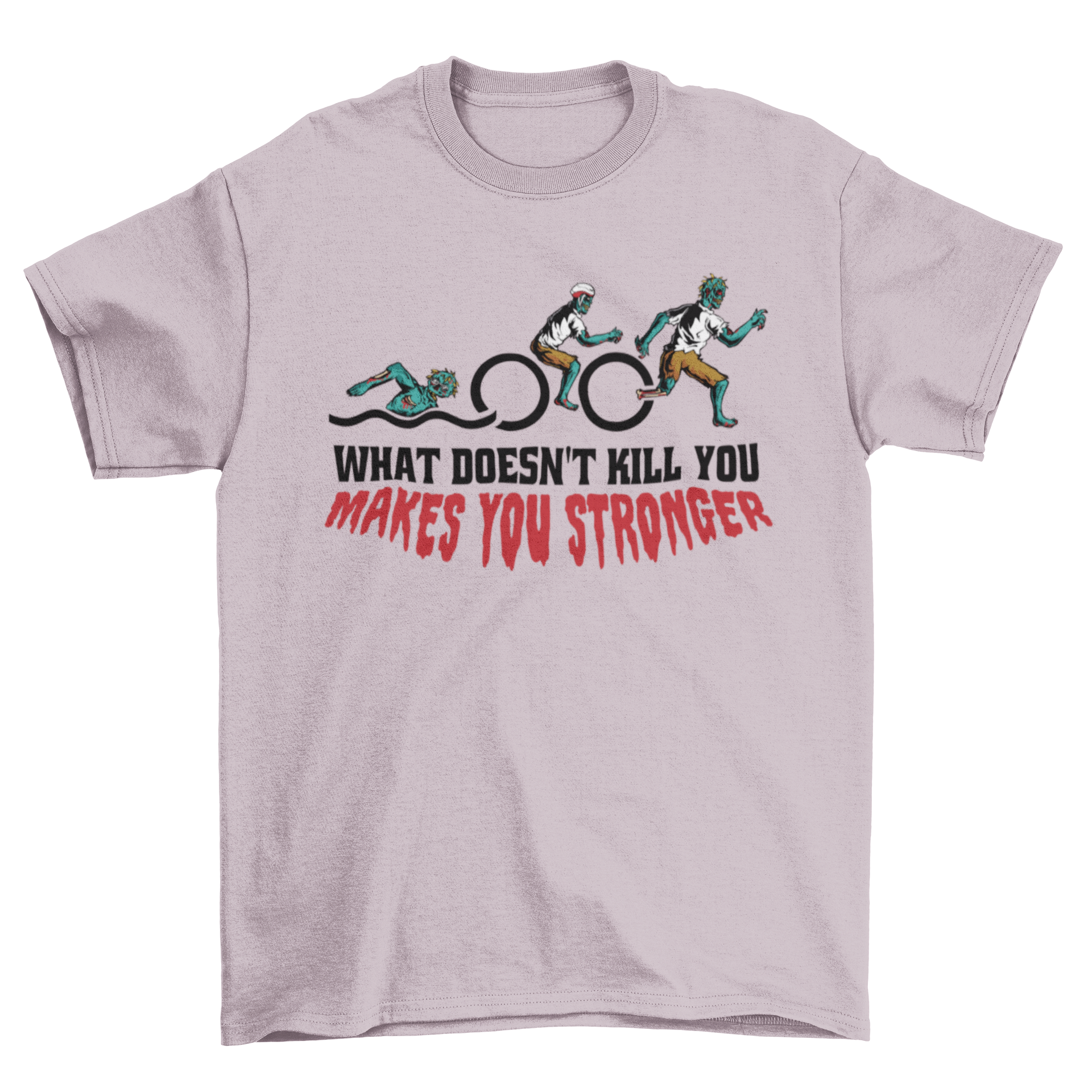 A humorous t-shirt design featuring a zombie engaged in various athletic activities with the quote 'What doesn't kill you makes you stronger'.