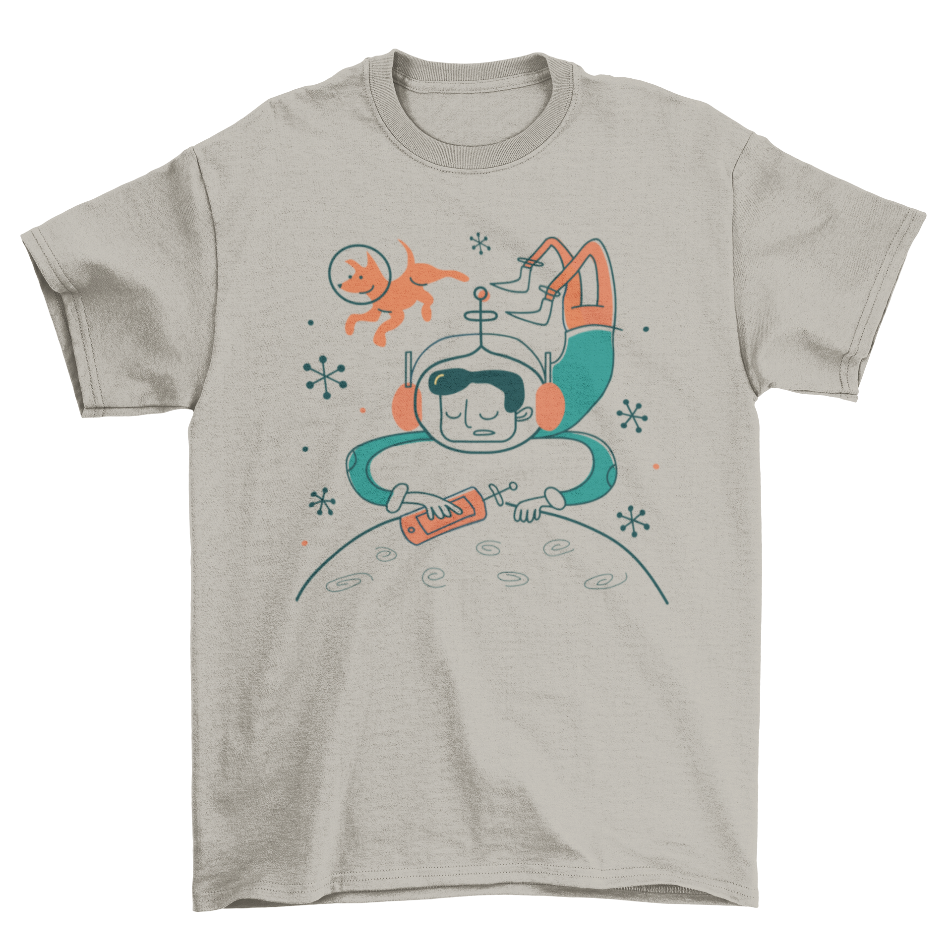 A cartoon-style t-shirt design featuring a man and his dog floating in space, showcasing a futuristic theme.
