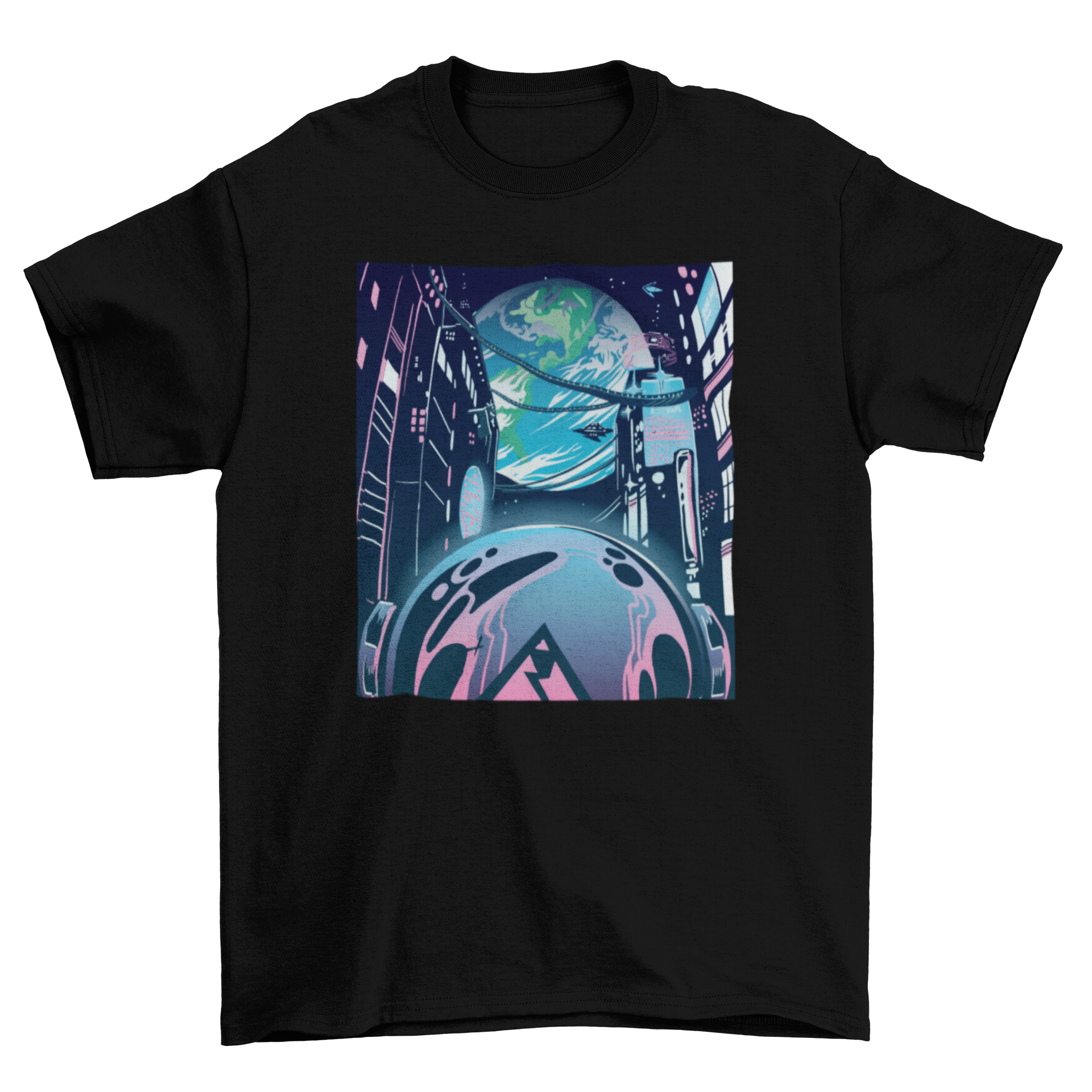 Futuristic city neon t-shirt featuring a vibrant cityscape design in bright neon colors on a soft fabric.