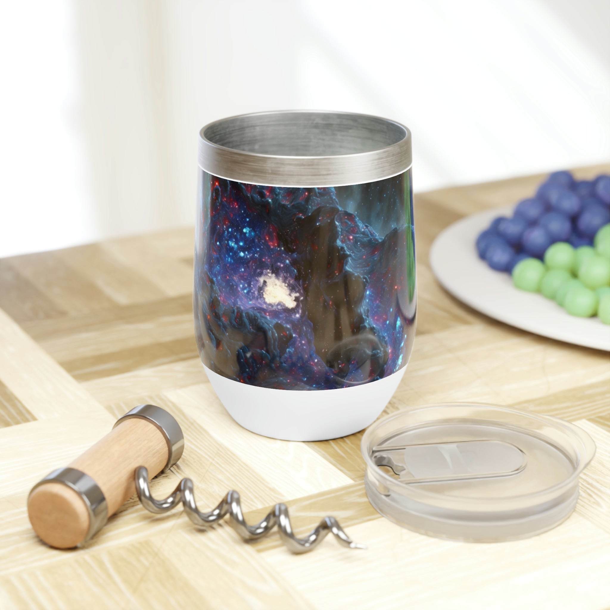 Galaxy Effects Chill Wine Tumbler in a stylish design, showcasing its stainless steel body and double-insulated walls.
