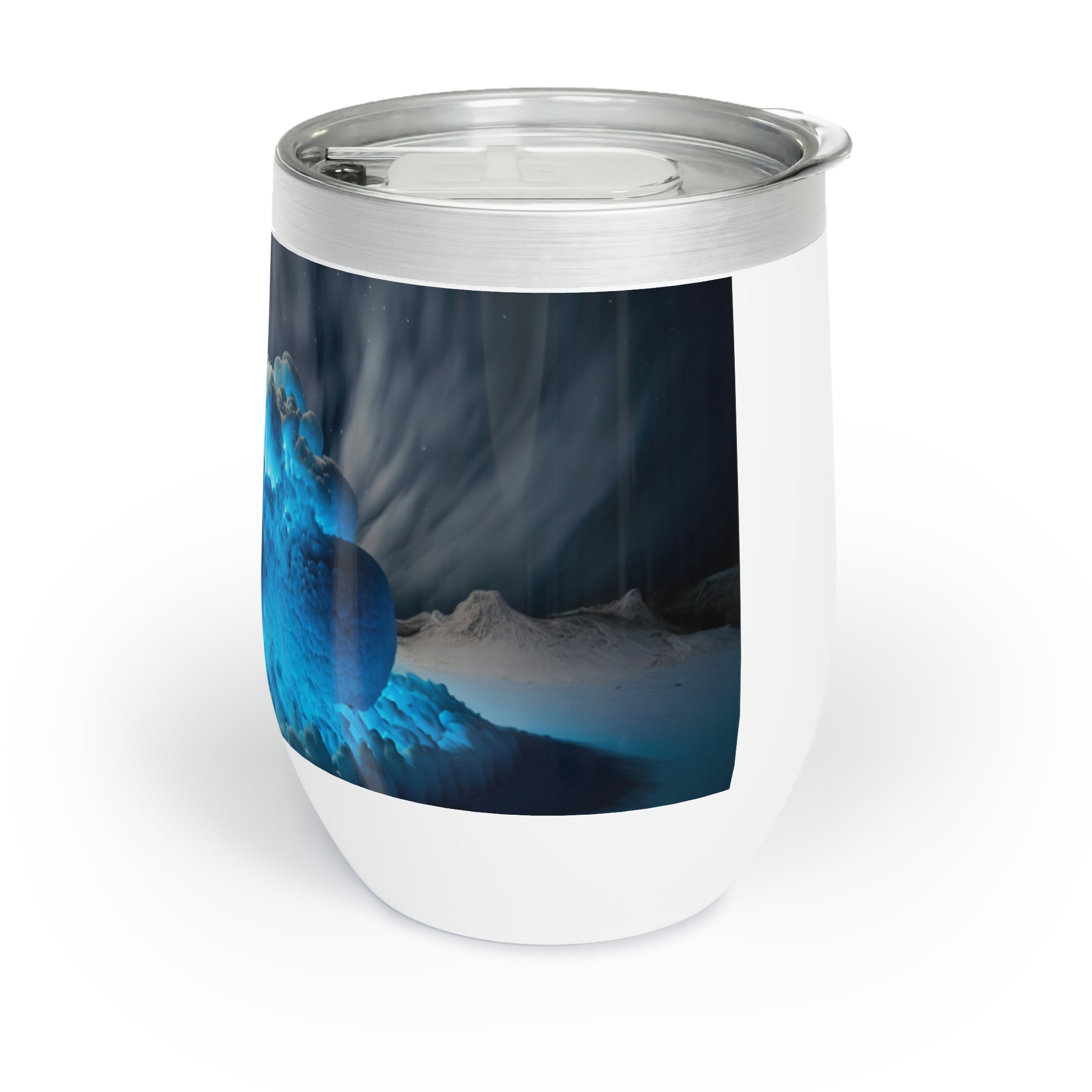 Galaxy Effects Chill Wine Tumbler in stainless steel with a customizable design, featuring double insulation and a plastic straw.