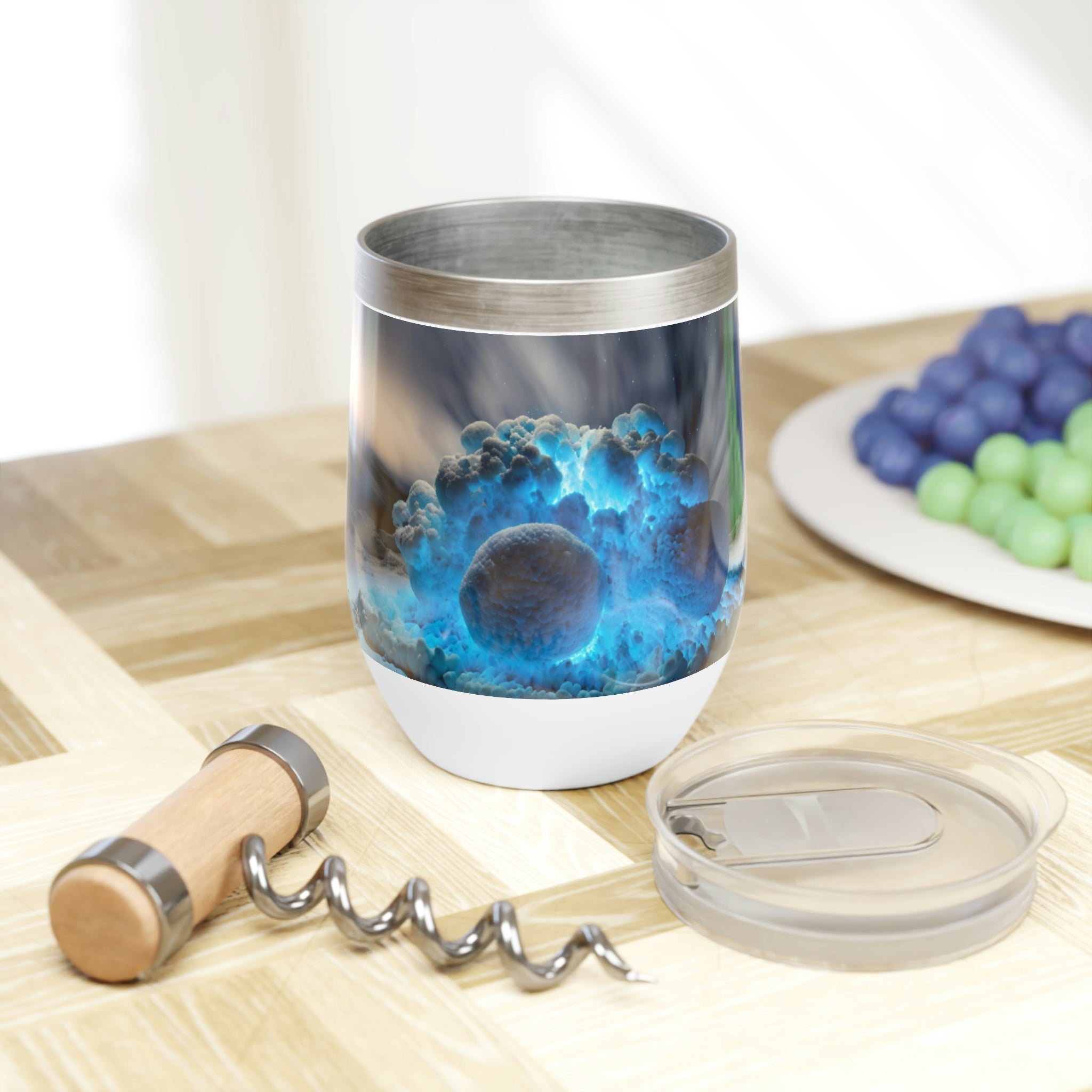 Galaxy Effects Chill Wine Tumbler in stainless steel with a customizable design, featuring double insulation and a plastic straw.