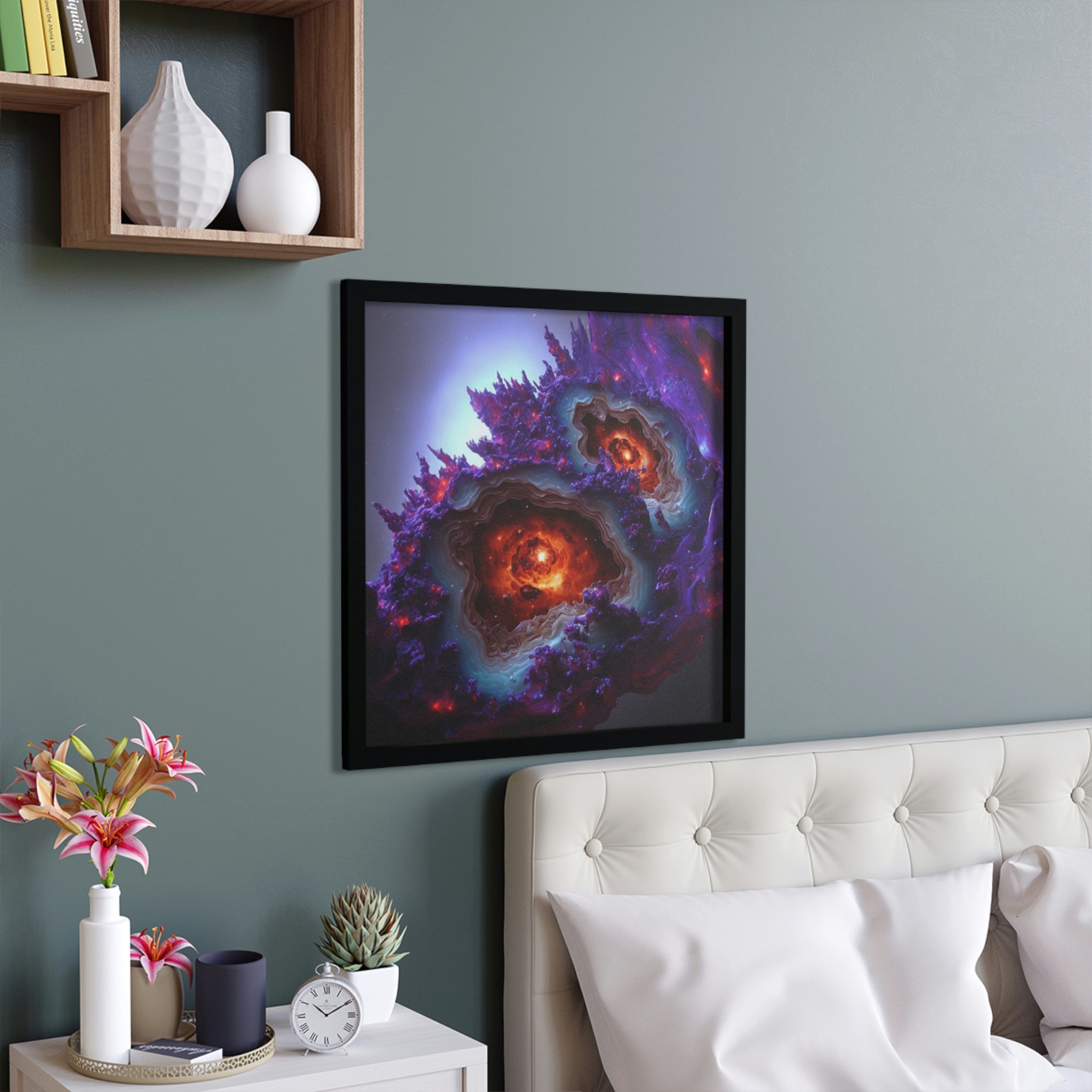 A beautifully framed Galaxy Effects poster showcasing vibrant cosmic colors in a hand-crafted wooden frame.